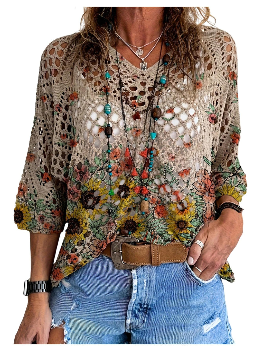 WDIRARA Women's Floral Crochet Sweaters 3/4 Sleeve Hollow Out Pullover Loose Knit Tops Khaki Small