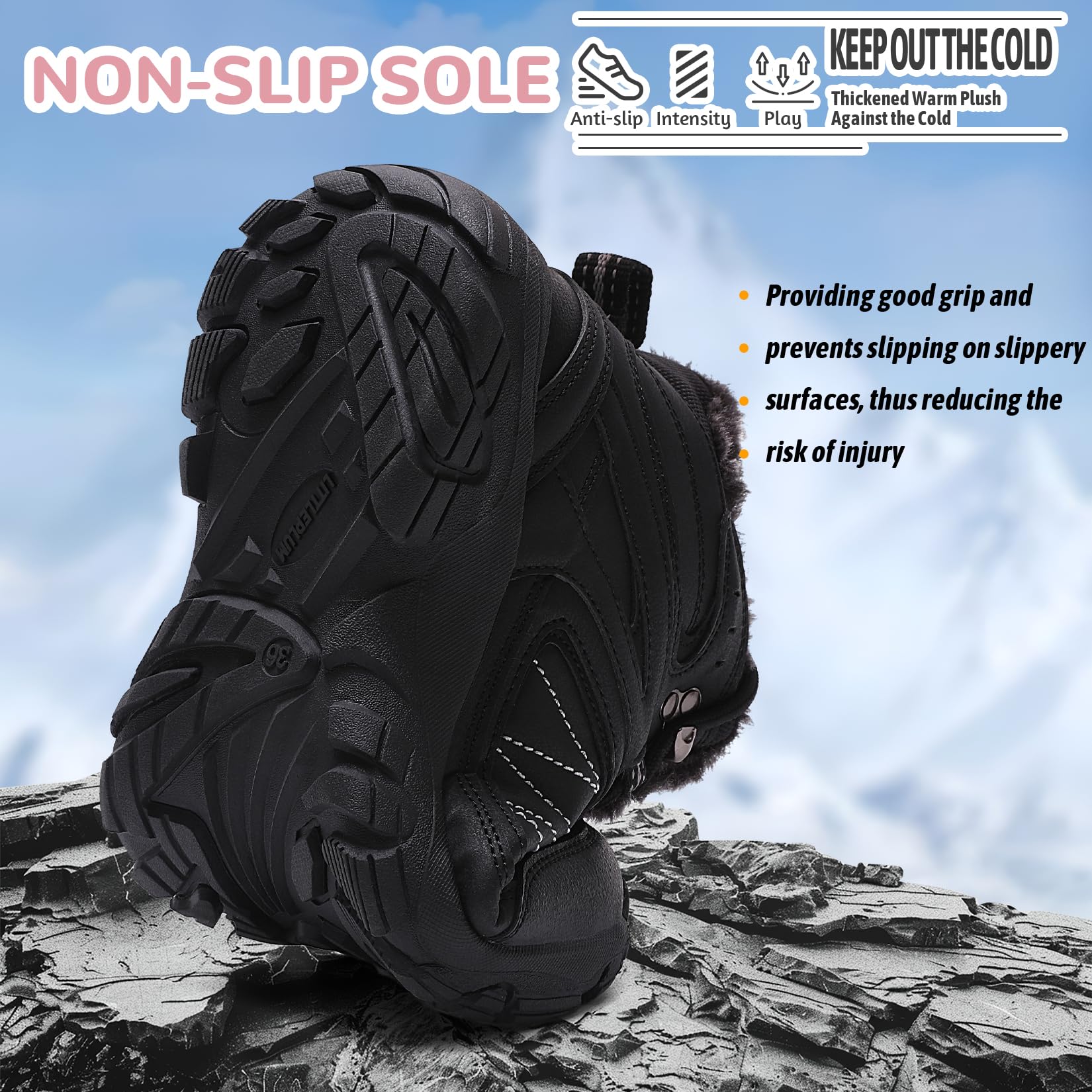 Littleplum Snow Boots for Women-Warm Fur Line Anti Slip Womens Winter Boots-Fashion Ankle Booties Sneakers for Outdoor Hiking All Black Size 6.5