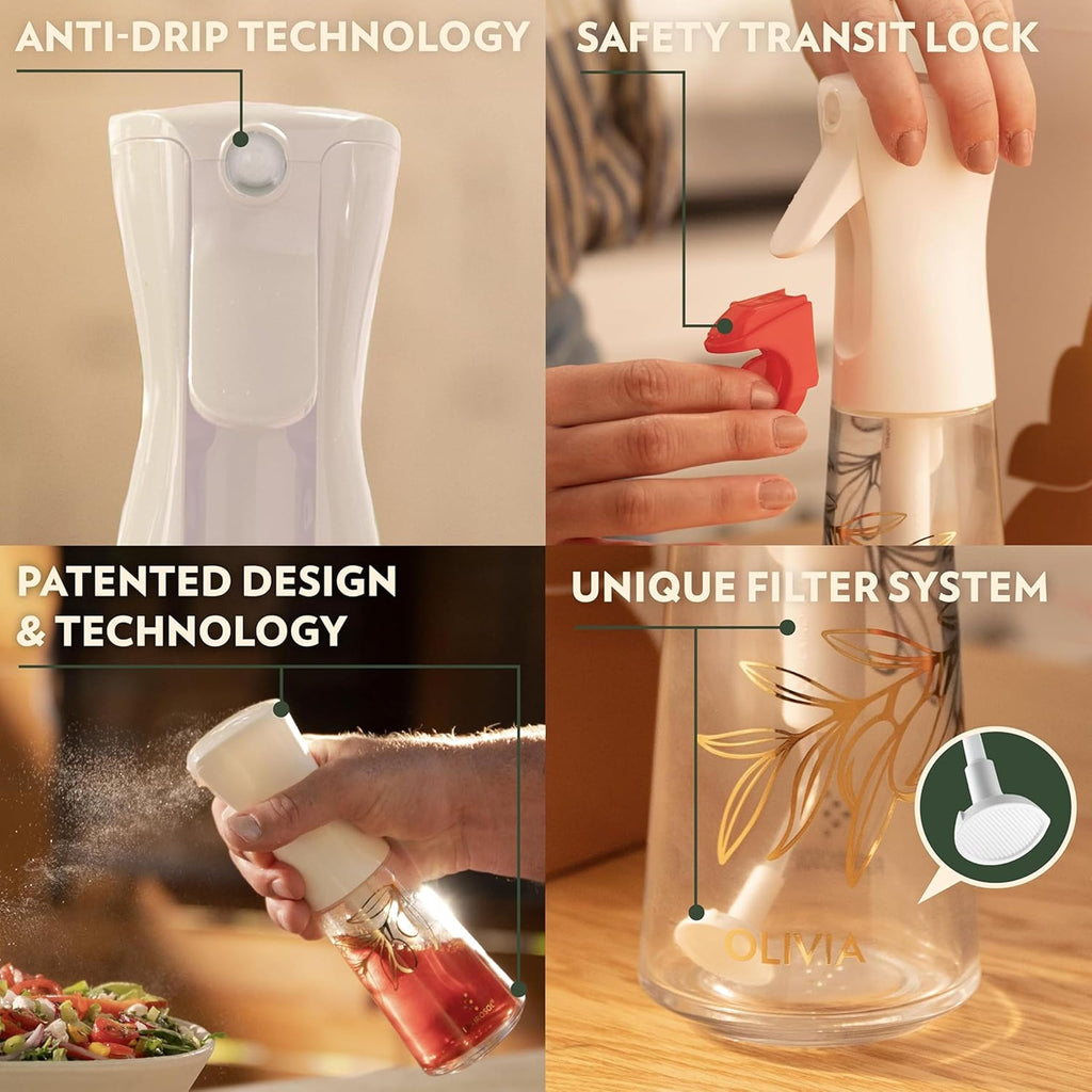 FLAIROSOL OLIVIA Oil Sprayer for Cooking, 200ml Glass Olive Oil Sprayer, Continuous Cooking Spray Bottle with Portion Control, Olive Oil Dispenser for Kitchen, Air Fryer, Salad, BBQ (Golden Leaves)