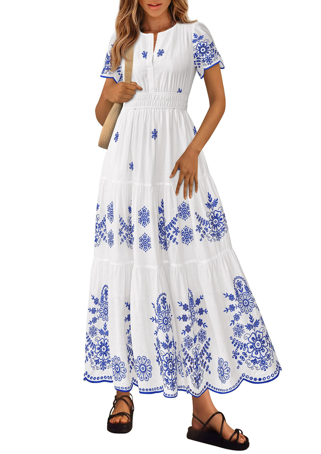 PRETTYGARDEN Summer Dresses for Women 2026 Floral Boho Maxi Spring Casual Short Sleeve V Neck Elastic Waist Dress Pockets (White Blue Flower,Medium)