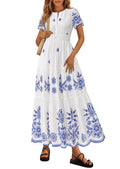 PRETTYGARDEN Summer Dresses for Women 2026 Floral Boho Maxi Spring Casual Short Sleeve V Neck Elastic Waist Dress Pockets (White Blue Flower,Medium)