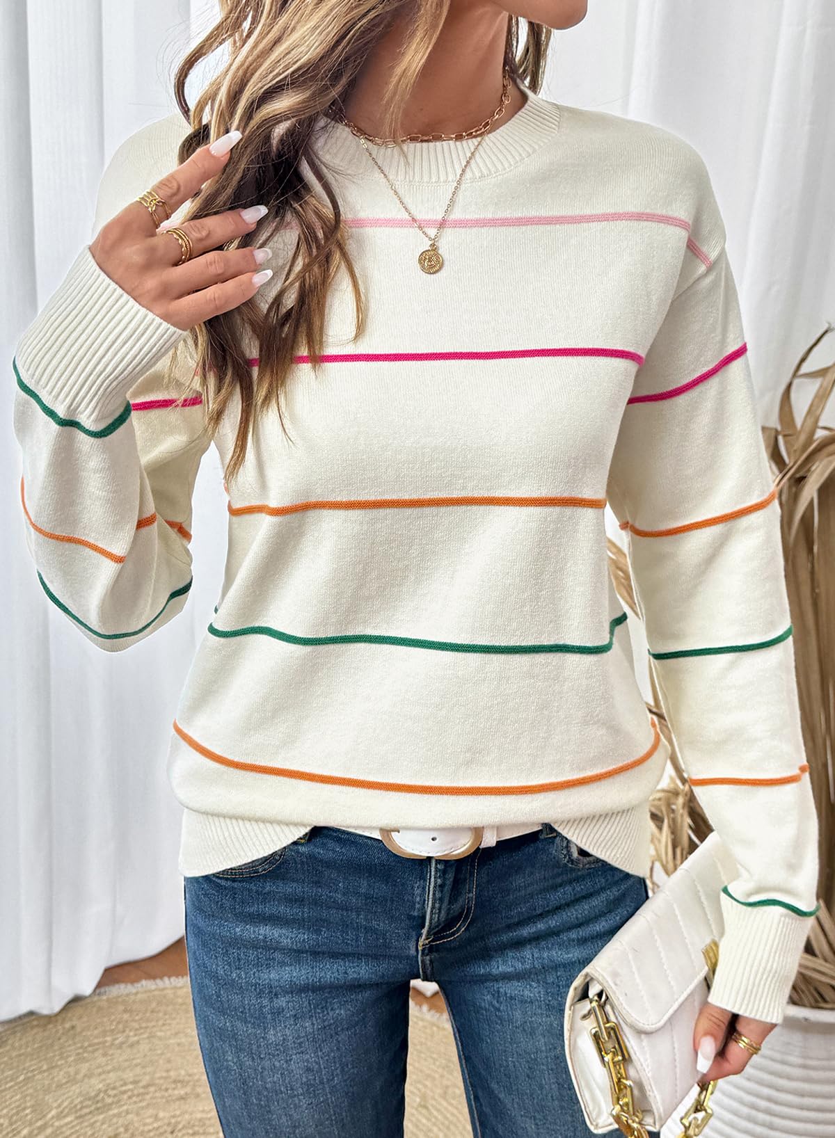 SHEWIN Sweaters for Women Crew Neck Womens Fall Tops Casual Striped Sweater Women Lightweight Womens Tops Dressy Casual Fall Clothes White XX-Large