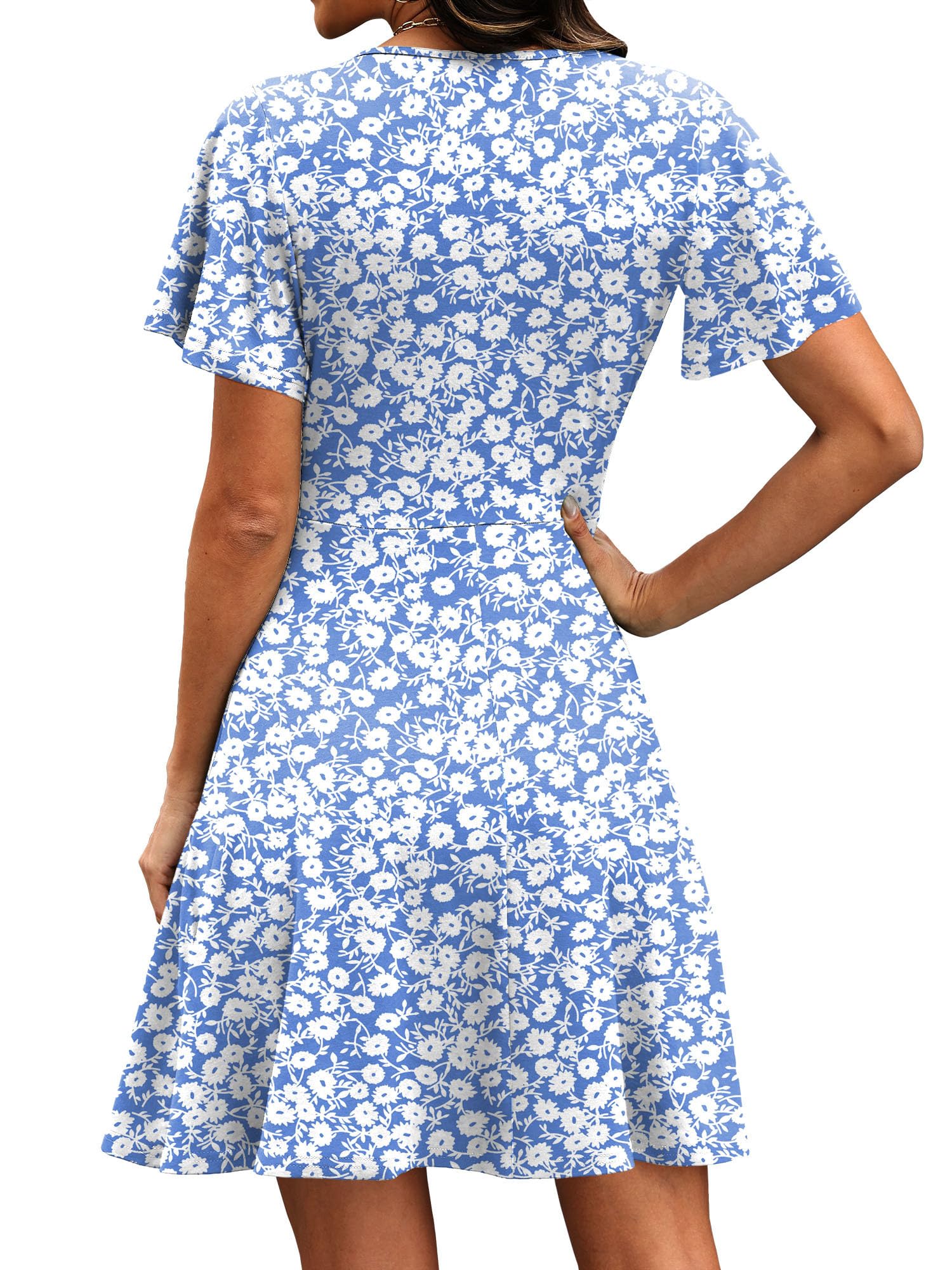 Womens Summer Dresses 2026 Wrap V Neck A-line Casual Sundresses Date Night Outfit Vacation Floral Dress Blue 2XL