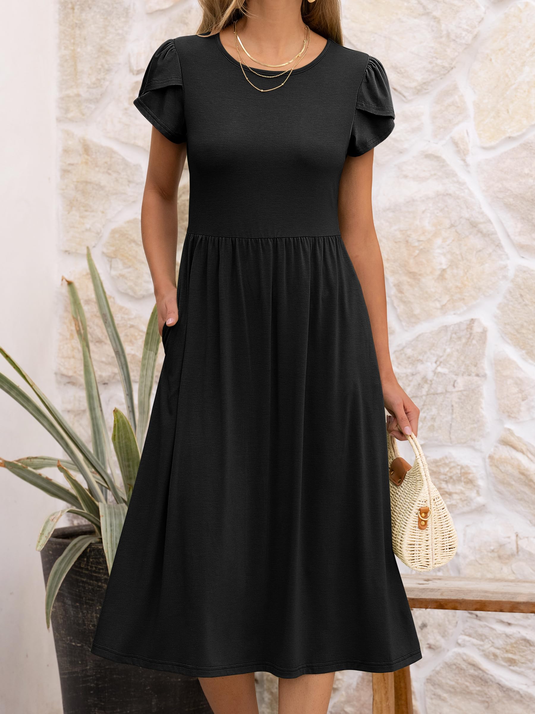 ANRABESS Women's Summer Short Sleeve A-Line Midi Dresses Casual Floral T-Shirt Dresses Flowy Beach Sundress with Pockets Black X-Large
