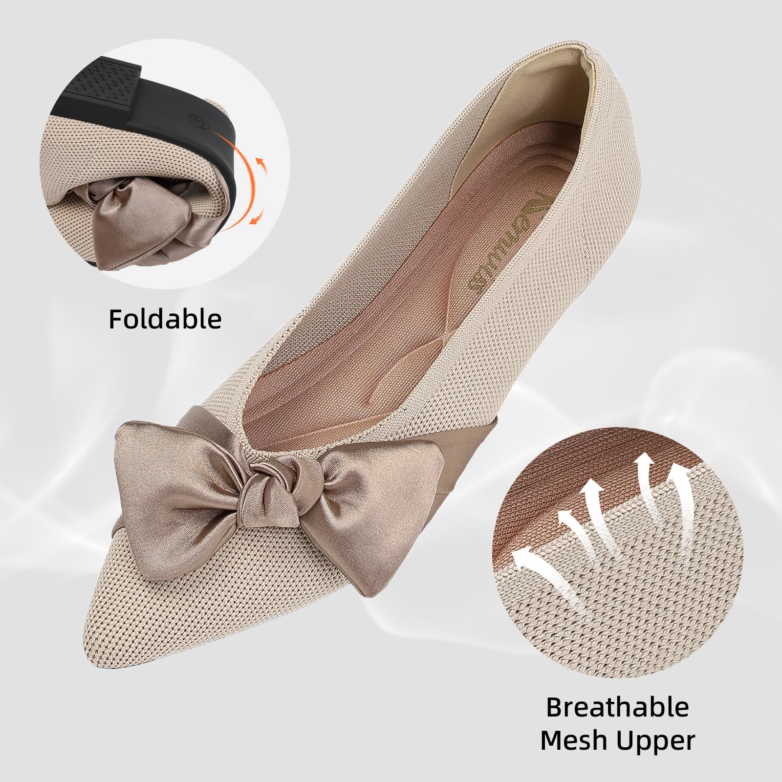 Semwiss Pointed Toe Ballet Flats for Women Slip On Comfortable Flats with Bow Dressy Casual Work Shoes Beige Size 8