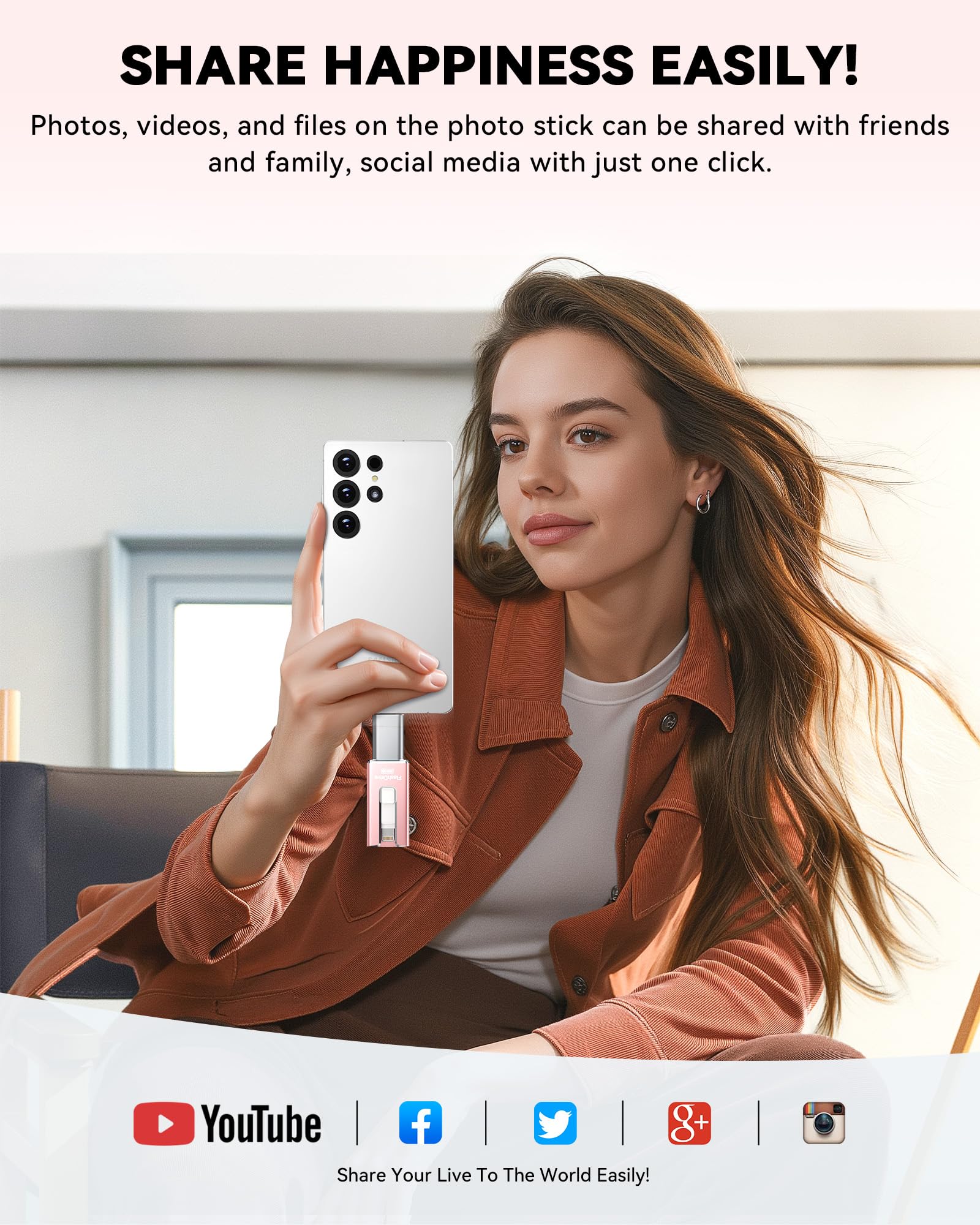 MFi Certified Flash Drive for iPhone iPad 256GB, Photo Stick for External Memory Storage, Easily Back Up and Save Photos Videos, USB Memory Stick Thumb Drive for iPhone/iPad/Android/PC (Rose Pink)