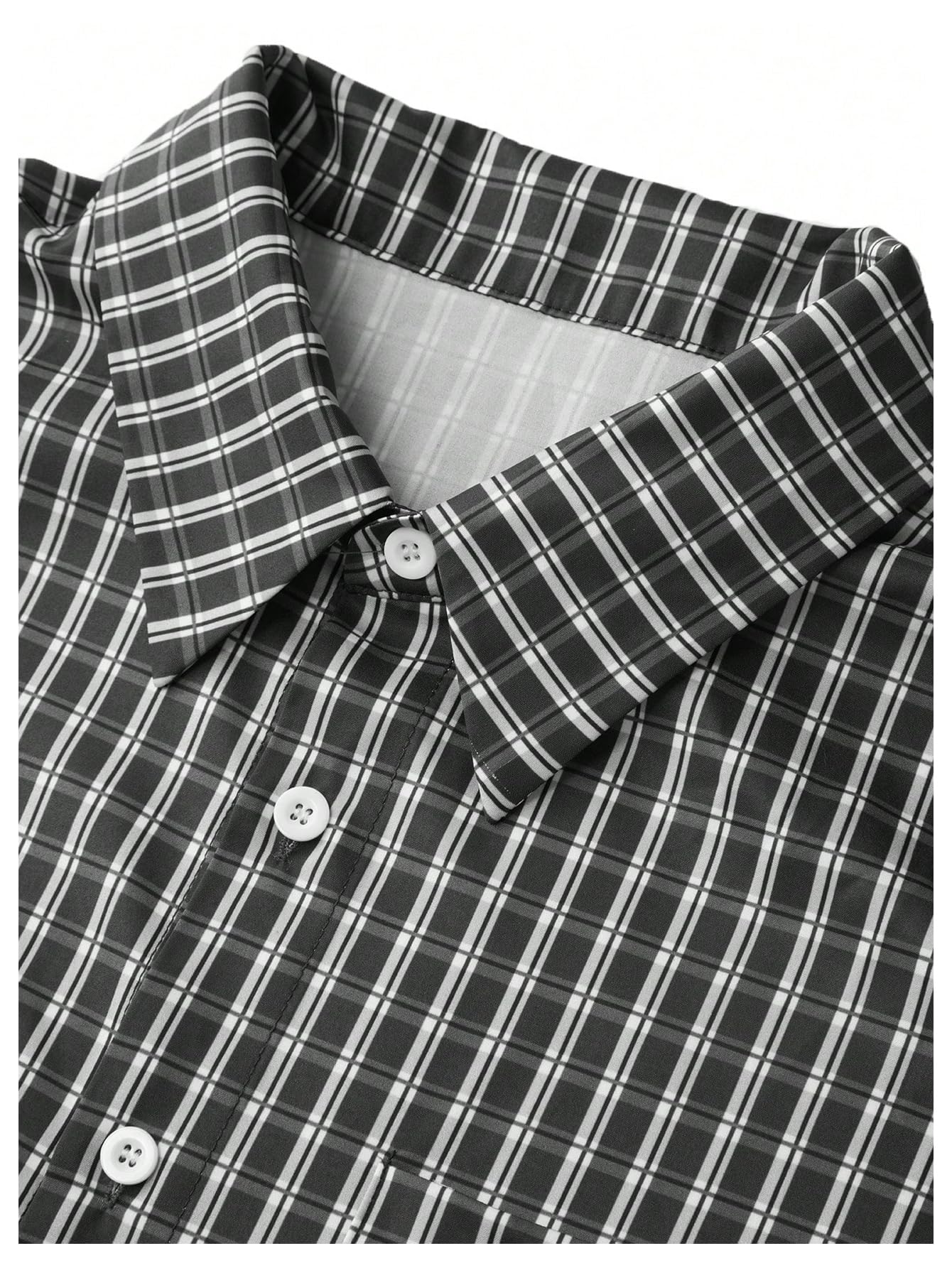 GORGLITTER Men's Gingham Cropped Shirt Short Sleeve Button Down Shirts Black Medium