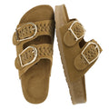CUSHIONAIRE Cashew Slip On Womens Sandals, Genuine Suede Leather Braided Double Strap Slide On Sandals with Adjustable Big Buckle for Women 2026, Chestnut 8