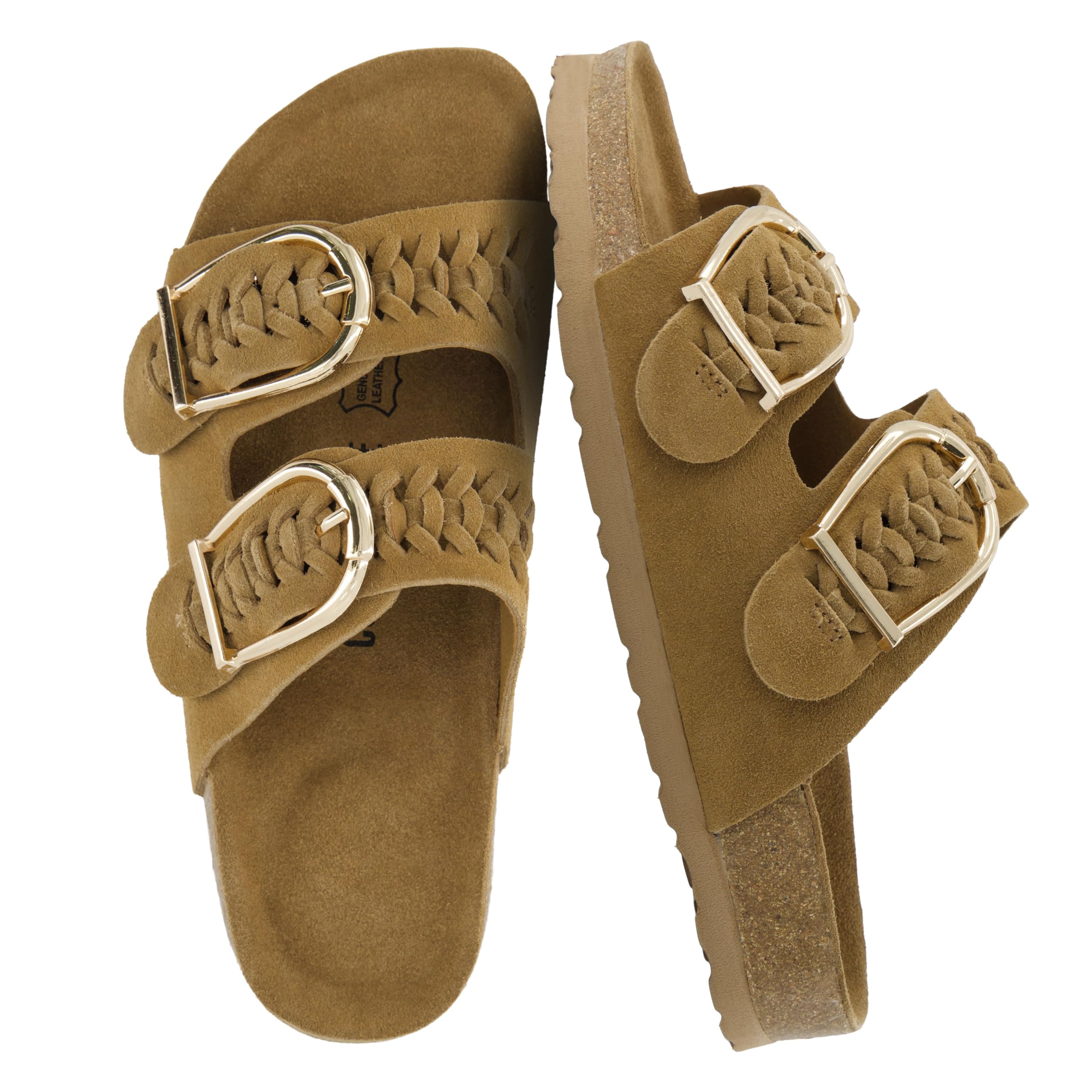 CUSHIONAIRE Cashew Slip On Womens Sandals, Genuine Suede Leather Braided Double Strap Slide On Sandals with Adjustable Big Buckle for Women 2026, Chestnut 8