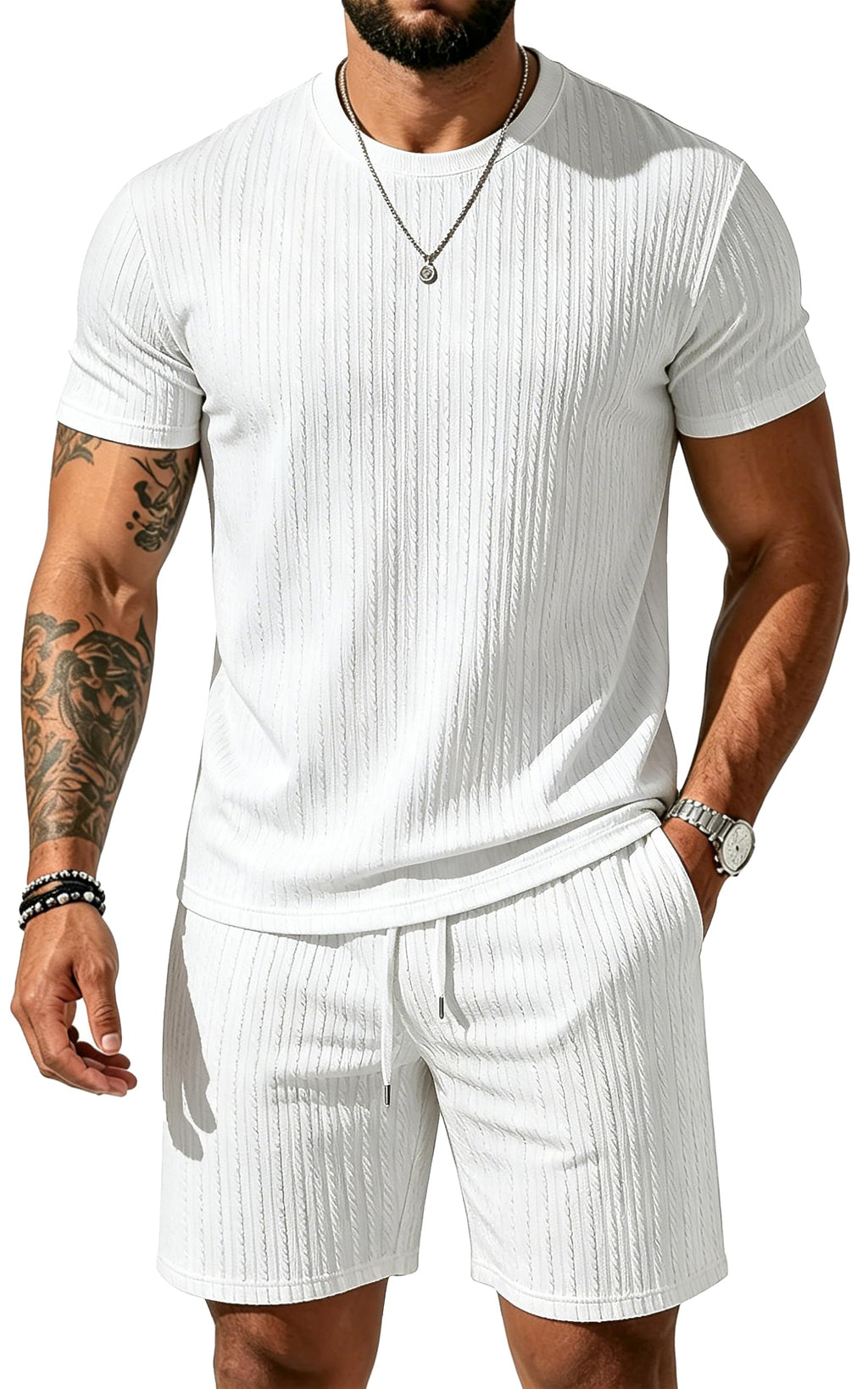 UOUA Mens Shorts Set Crewneck Short Sleeve T-Shirt & Shorts Twisted Texture 2 Piece Summer Outfits Casual Matching Sets White M