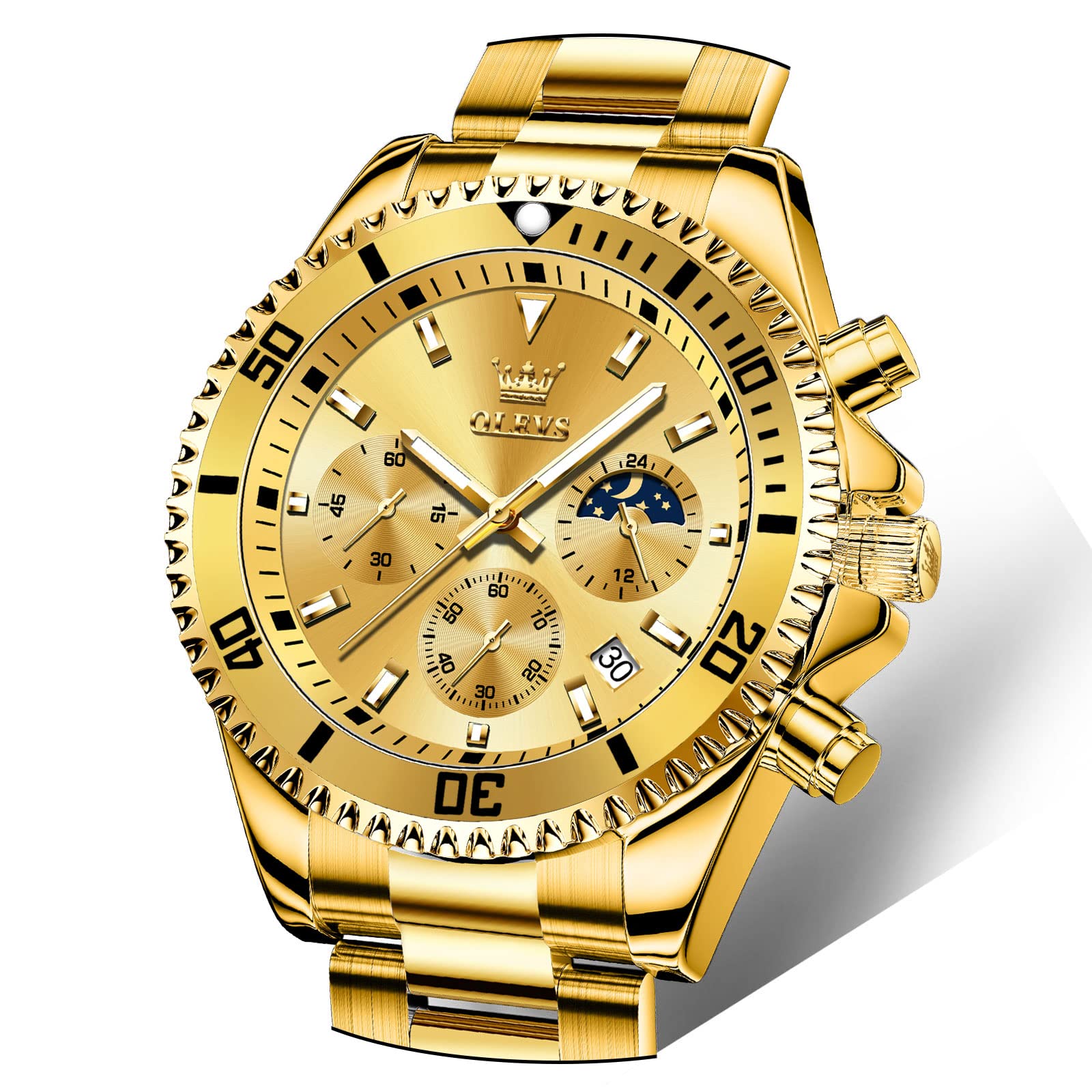 OLEVS Watch Men Gold Watches for Men Big Face Luxury Dress Chronograph Waterproof Stainless Steel Men's Wrist Watches Gold and Silver Analog Quartz Date Men's Watch Relojes para Hombres