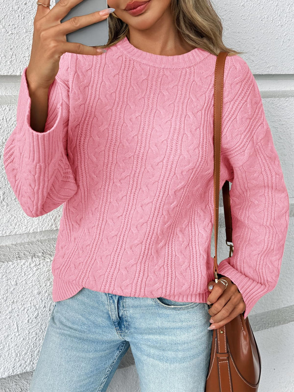Saodimallsu Womens Cable Knit Sweater Oversized Long Sleeve Chunky Knit Crew Neck Fall Pullover Sweaters Top Pink