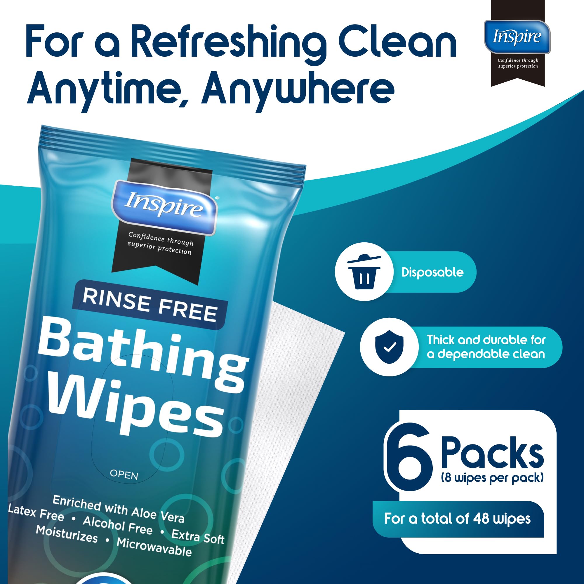 Body Wipes for adults bathing rinse free | Adult Wash Cloths Extra Large, Bathing Wipes for Incontinence, 8"x 8" In (48 count) | By Inspire