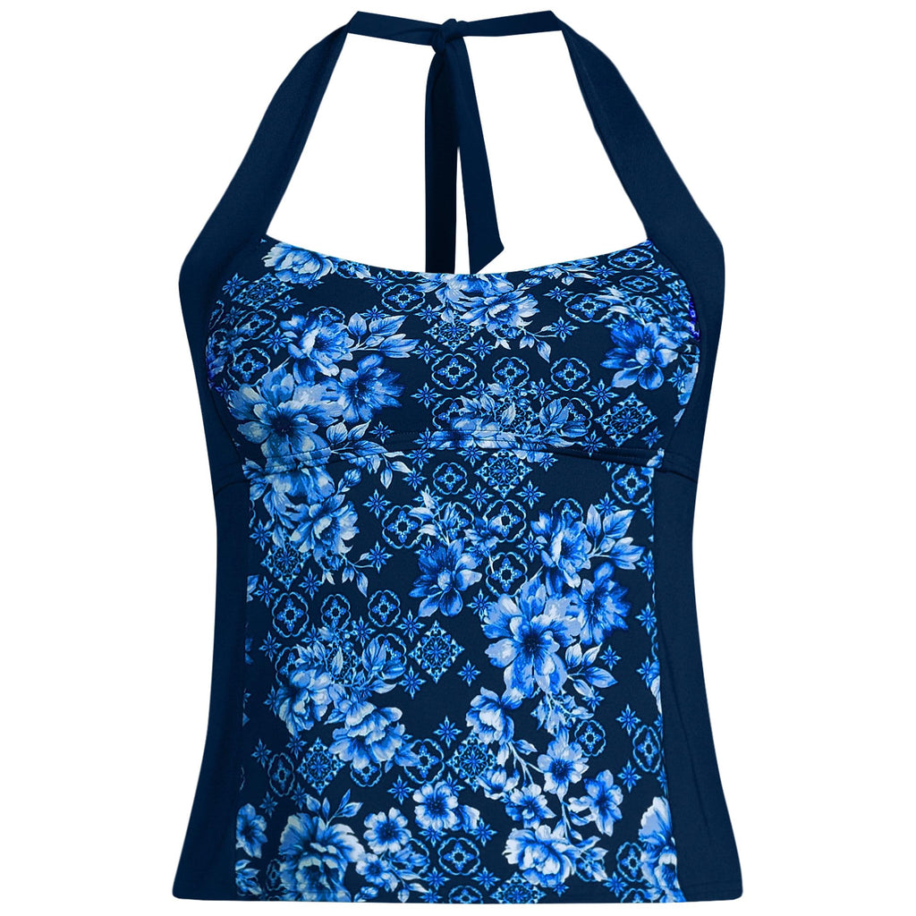 Lands' End Women's Seamed Halter Tankini Top 2 Deep Sea Navy Mosaic Floral