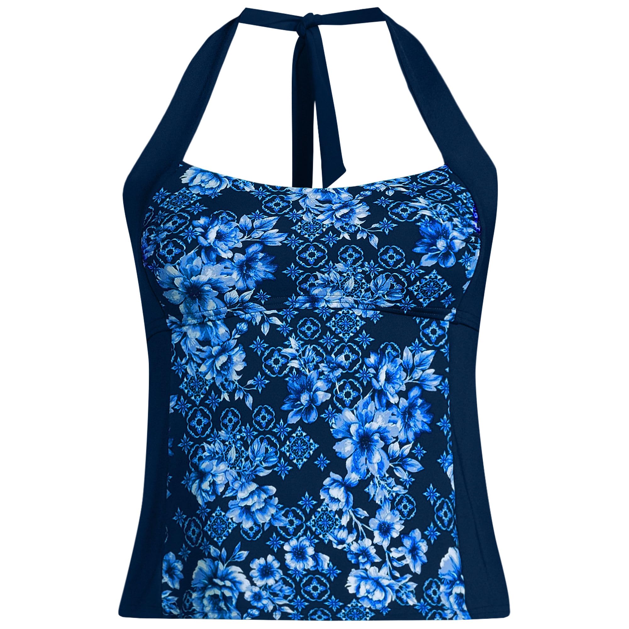 Lands' End Women's Seamed Halter Tankini Top 2 Deep Sea Navy Mosaic Floral