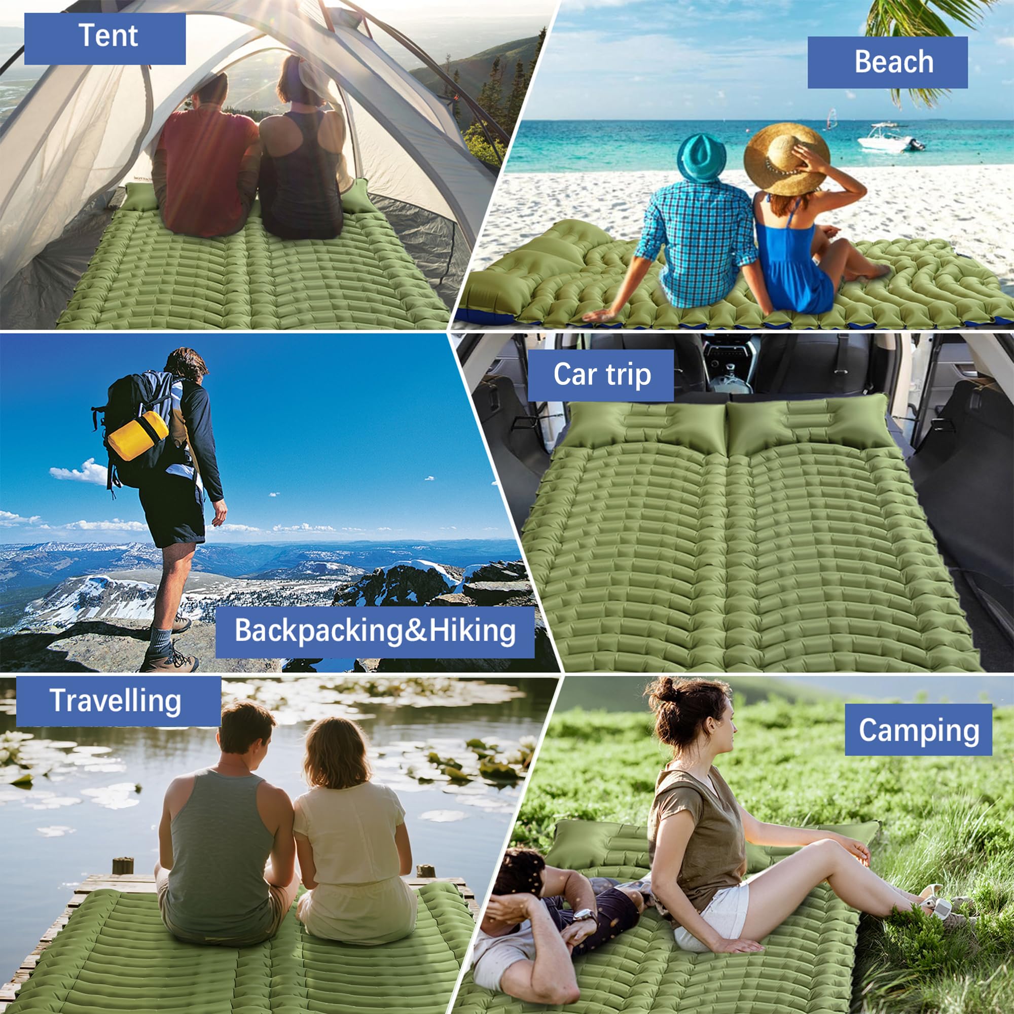 Pretyw Double Sleeping Pad for Camping - Ultralight Camping Mattress with Pillow, Built-in Foot Pump, Compact Inflatable 2-Person Portable Mat for Backpacking, Hiking, Car Traveling, Beach, Tent