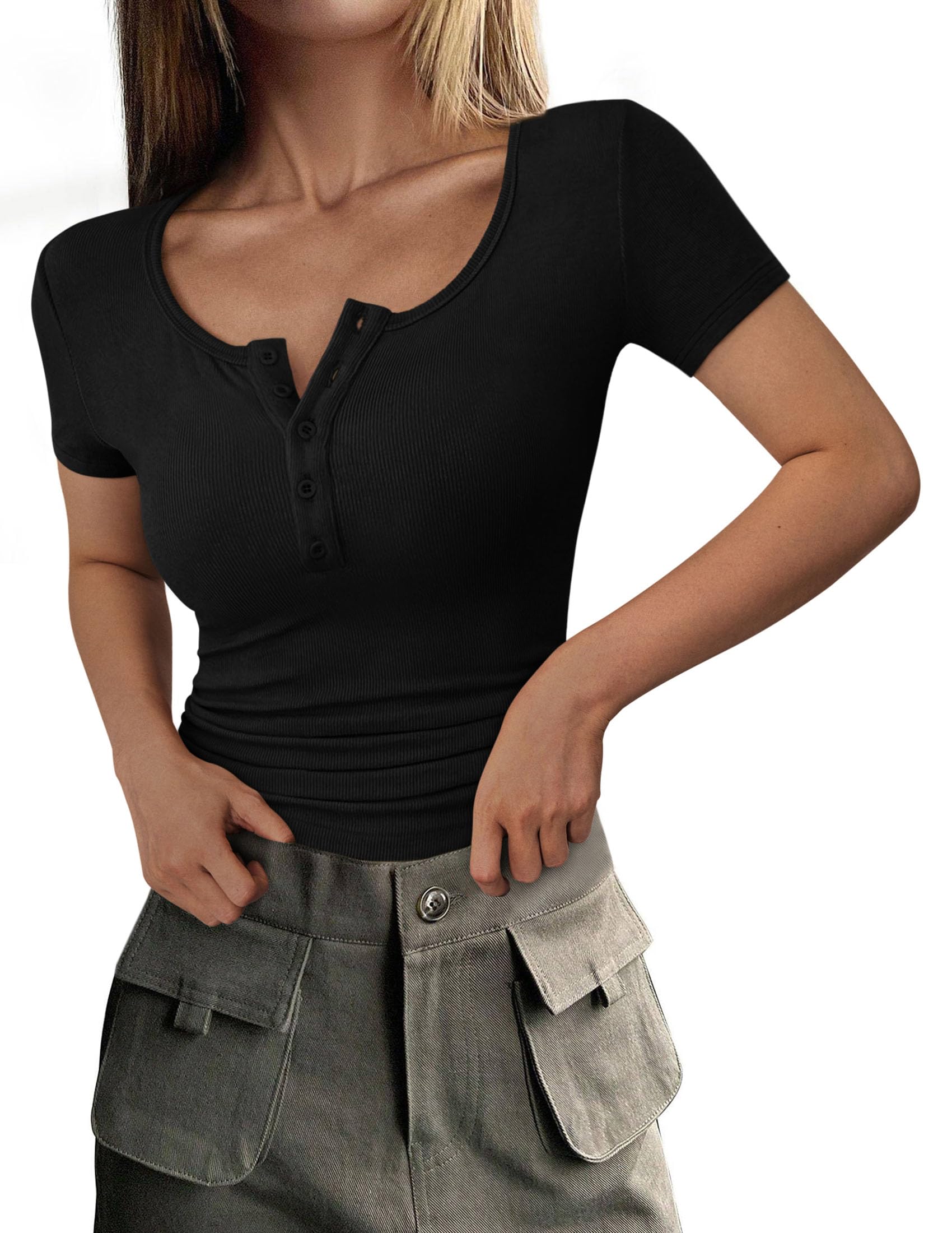 PRETTYGARDEN Women's 2025 Fall Summer Short Sleeve Tops Ribbed Henley Button Slim Fit Basic Casual T Shirts Blouse Clothing (Black,Medium)