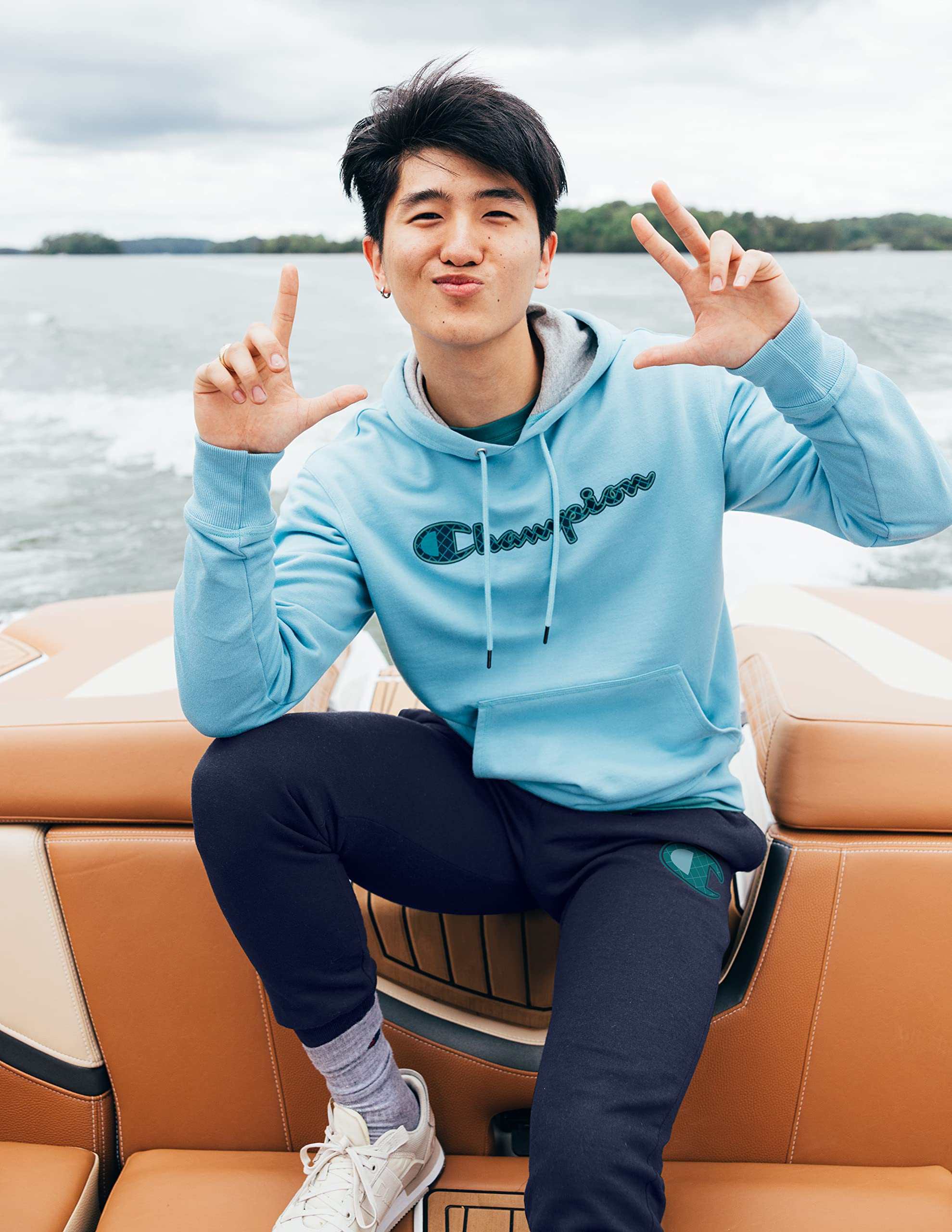 Champion Men's Pullover Graphic Fleece Hoodie, Standard Fit, Midweight Fleece, Classic Script Logo, Available in Regular and Big & Tall, Black, Medium