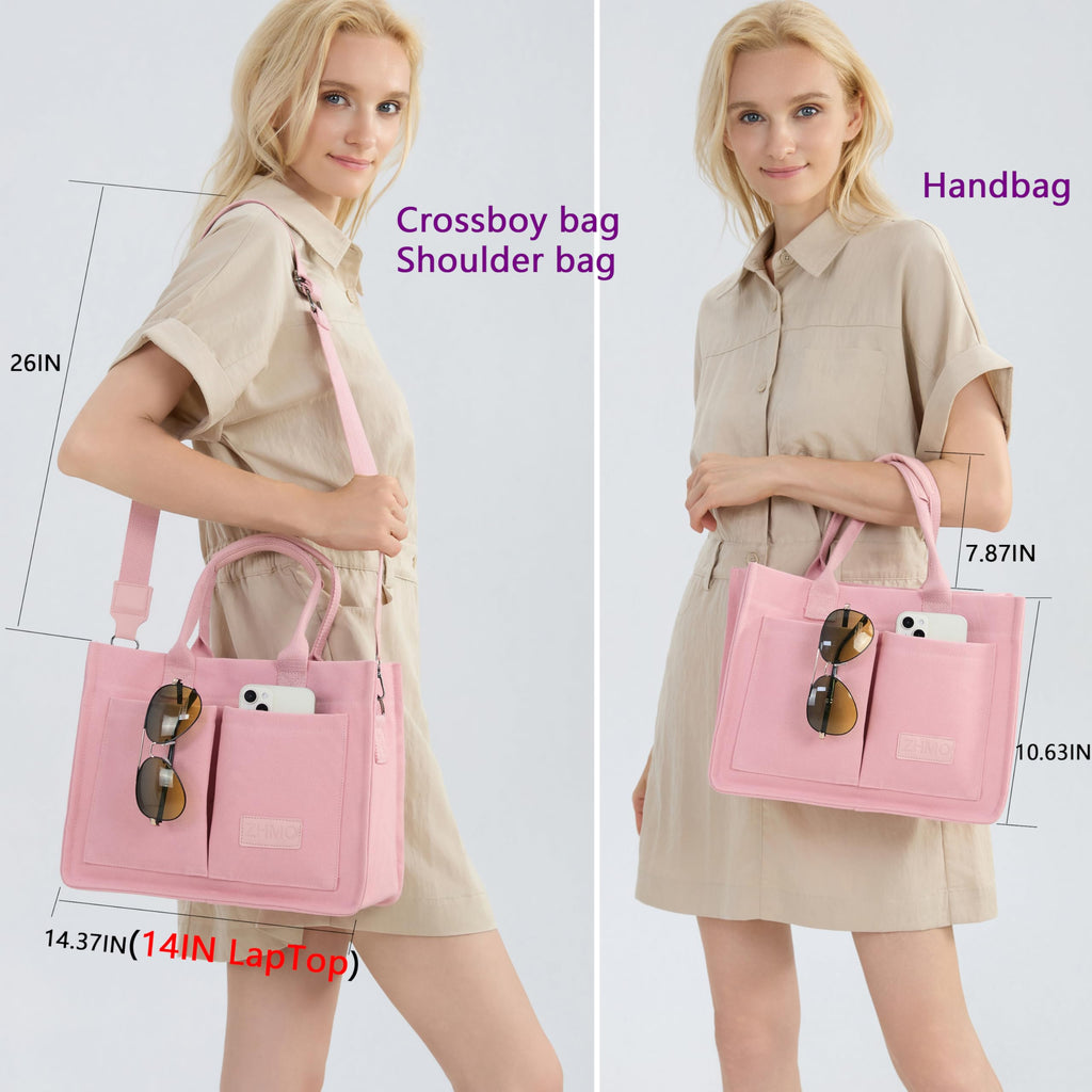 ZHMO Canvas Tote Bag for Women With Compartments and Pockets,Pink Women's Bags Crossbody Bags Work Laptop Tote Bag Large Satchels Handbag Tote Purse Everyday Shoulder Bag for Travel Nurse Teacher Gift