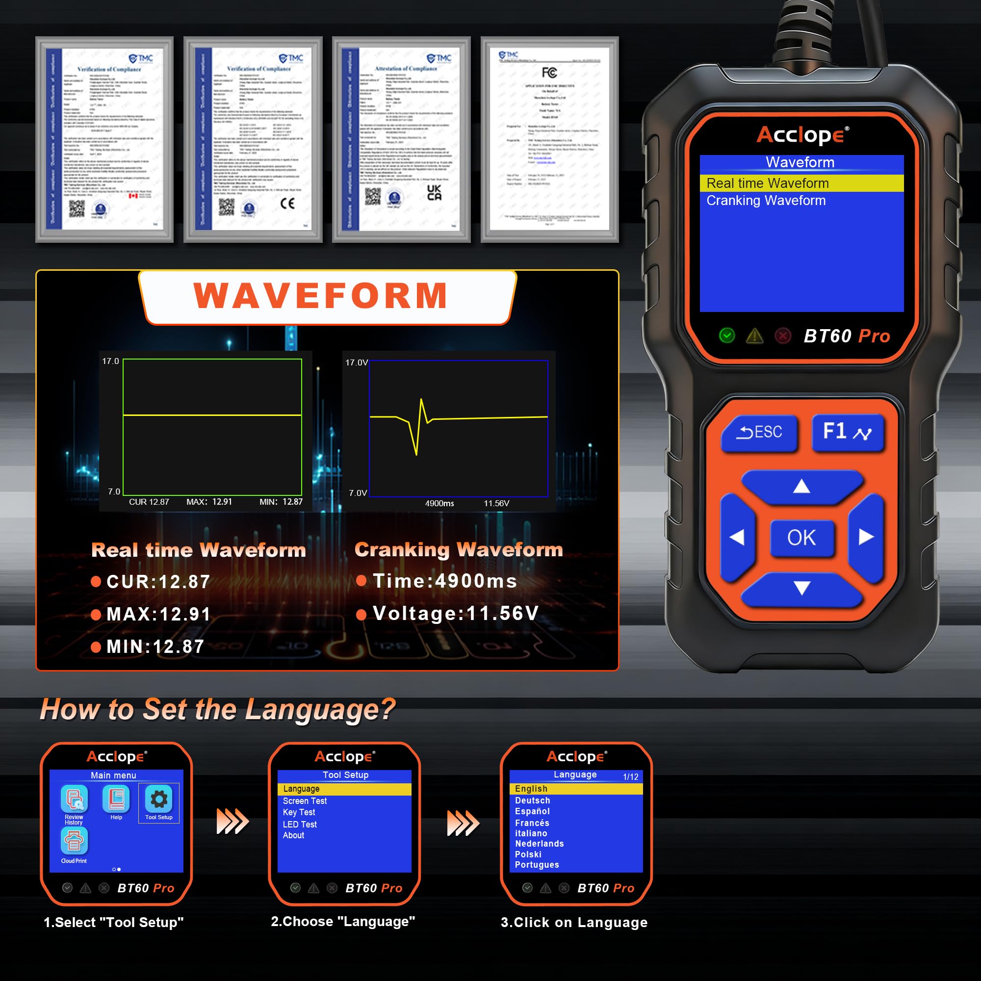 Acclope BT60 PRO Car Battery Tester 6V/12V/24V, 2–120Ah, 100–3000 CCA, Alternator & Starter/Charging System Analyzer, Automotive Load Test, QR Cloud Report (No App), for Car Truck Motorcycle Marine/RV