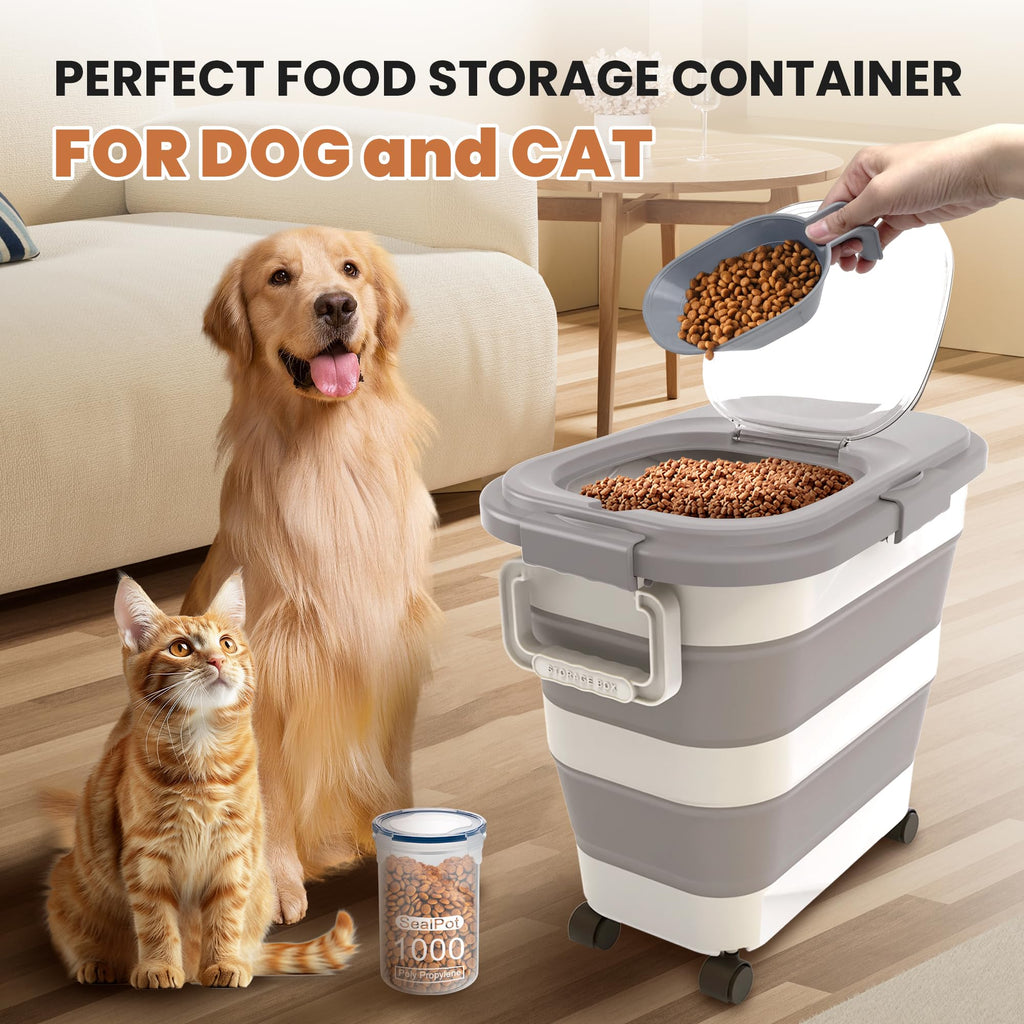 DDMOMMY 23-25 Lbs Airtight Dog Food Storage Container,Collapsible Dog Food Container with Lid,Wheels,Handle,Large Pet food storage Container with Scoop,Small Food Container for Dog Cat