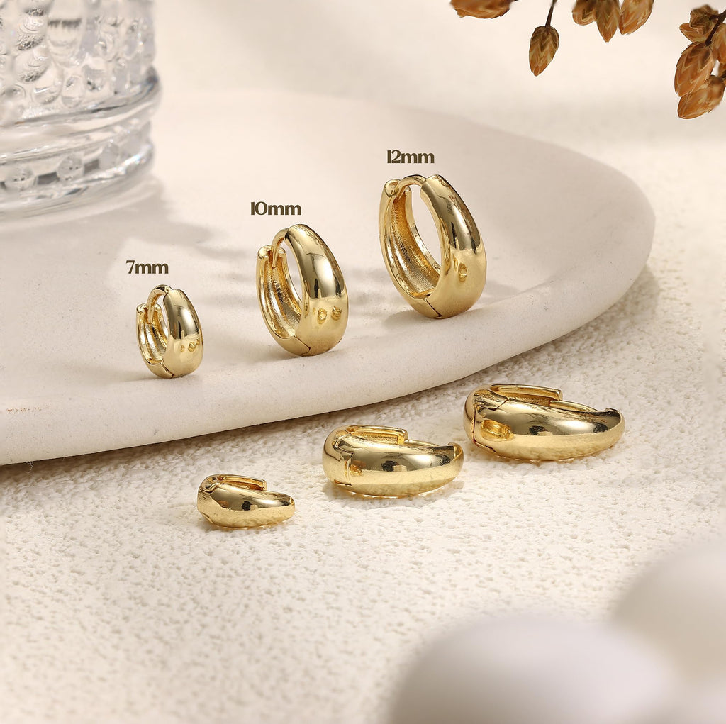 3Pairs 14K Gold Plated Hoop Earrings Set for Women Chunky Earring Silver Plated Hypoallergenic Small Huggie Hoops Lightweight Tiny Thick Trendy Hoop Earrings Stacks for Multiple Piercing(14k gold plated)