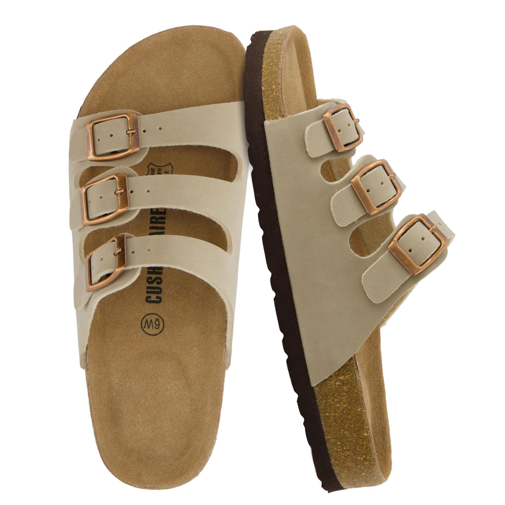 CUSHIONAIRE Lela Slip On Womens Sandals with Vegan Adjustable Straps & Genuine Suede Cork Footbed - Comfortable Memory Foam Sandals for Women 2025, STONE 12W