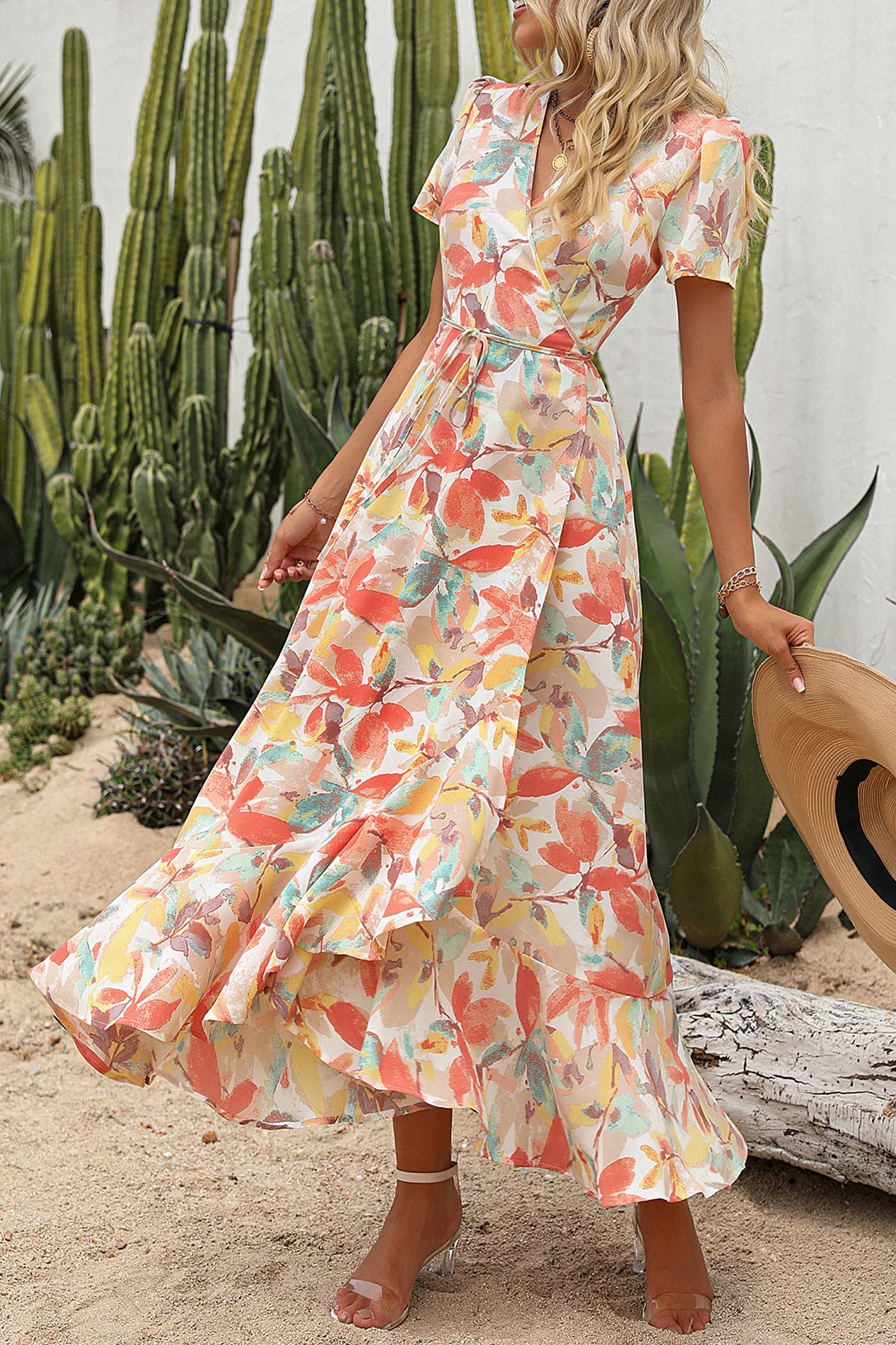 PRETTYGARDEN Women's Summer Wrap Maxi Dress Casual Boho Floral V Neck Short Sleeve Ruffle Hem Split Beach Long Dresses (White Floral,Large)