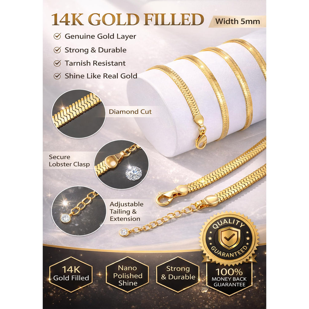CHESKY Herringbone Necklace for Women, Dainty Gold Chain Necklace 14k Gold Plated 5MM Flat Snake Chain Necklaces Thick Chunky Chain Choker Necklaces for Women jewelry