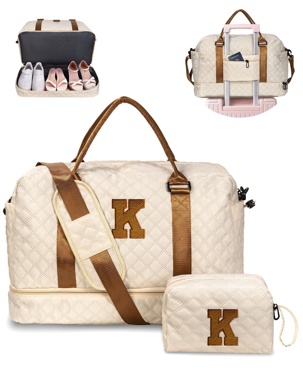 Vogewood Birthday Gift for Women-Duffle Bag with Shoe Compartment, Personalized Gift-Weekender Bag for Women，Overnight Bag with Wet Pocket,Girls Travel Bag with Makeup Bag Gifts for Grandma (Letter K)
