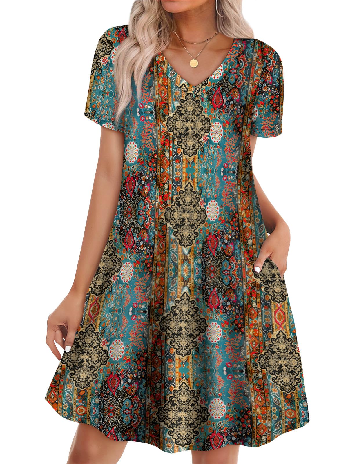 WIHOLL Summer Dresses for Women 2026 Casual Tshirts Dress with Pockets Beach Vacation Clothes Short Sleeves Flowy Sundress Loose Fit Vestidos Casuales para Mujer Spring Outfit Boho Multicolor L