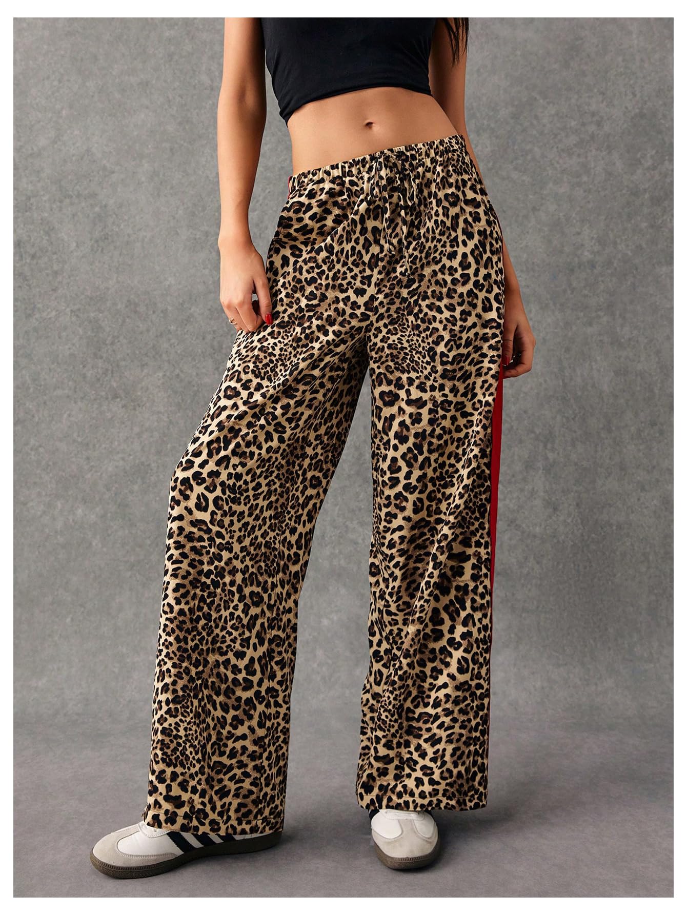 WDIRARA Women's Leopard Print Side Striped Wide Leg Sweatpants High Waisted Drawstring Baggy Pants Brown Medium