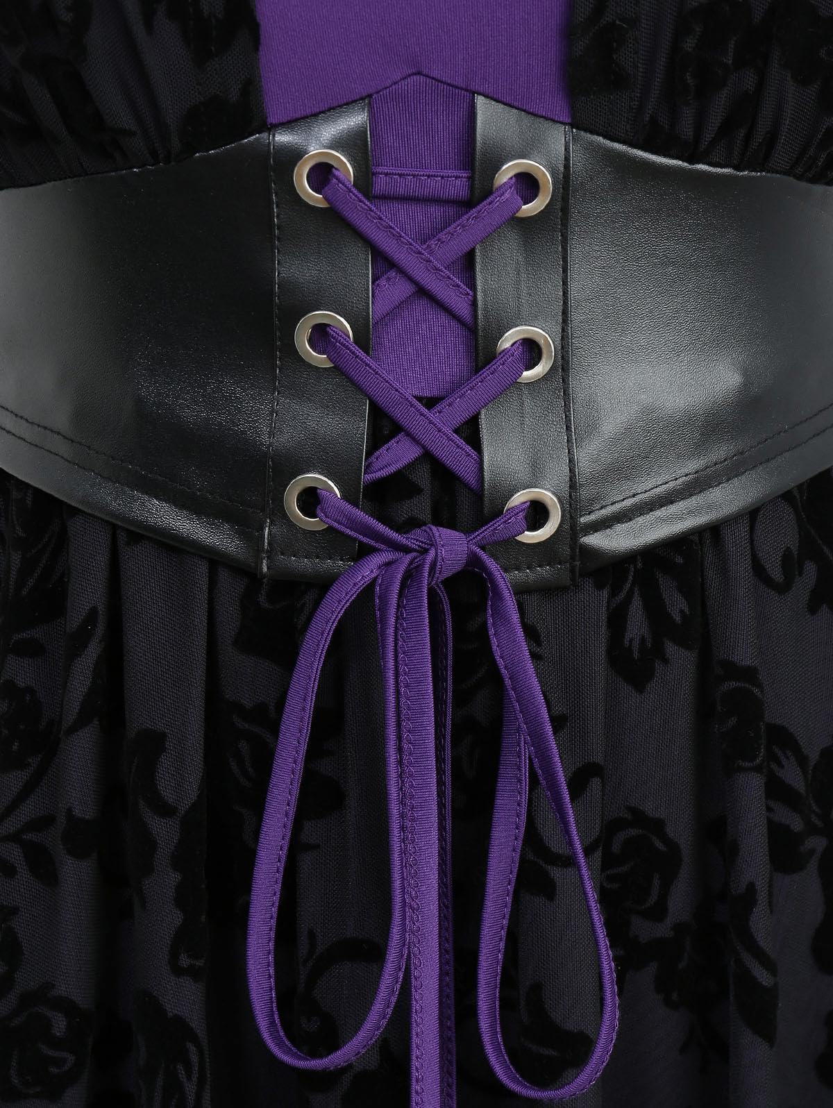Rosegal Plus Size Women Goth Vintage Layered Handkerchief Corset Dress Ruffles Lace-up Rose Flocking Midi Gothic Halloween Witch Costume Dress(Purple_1/1X)
