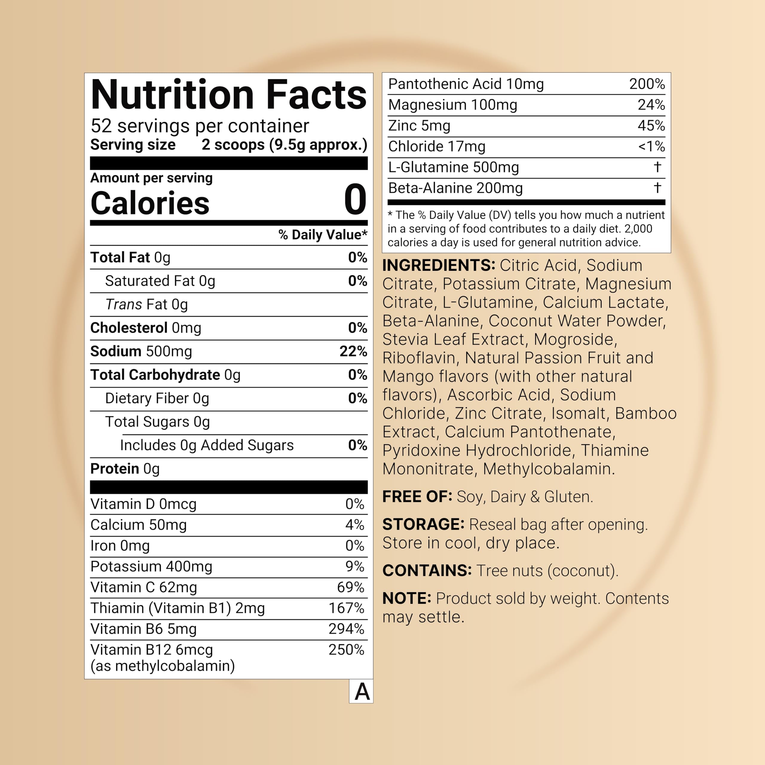 Sport Electrolytes Powder No Sugar, 500g (52 Servings) | Electrolyte Hydration Drink Mix with Sodium, Potassium, Magnesium, L-Glutamine, Beta Alanine, & Coconut Water – Passion Fruit & Mango Flavor