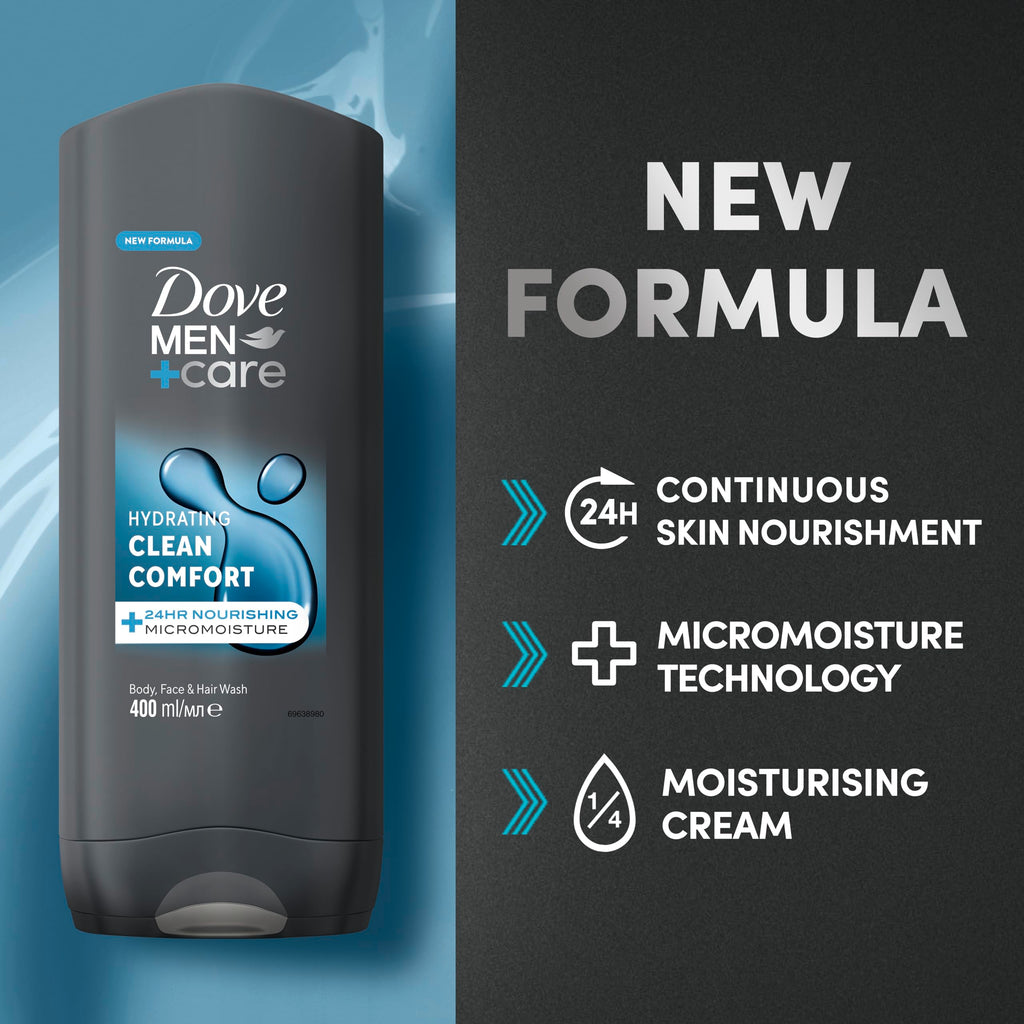 Dove Men+Care Hydrating Clean Comfort Men's 3-in-1 Hair, Face and Body Wash Body Cleanser shower gel with 24 hour nourishing MicroMoisture technology for relaxed and re-energised skin 400 ml