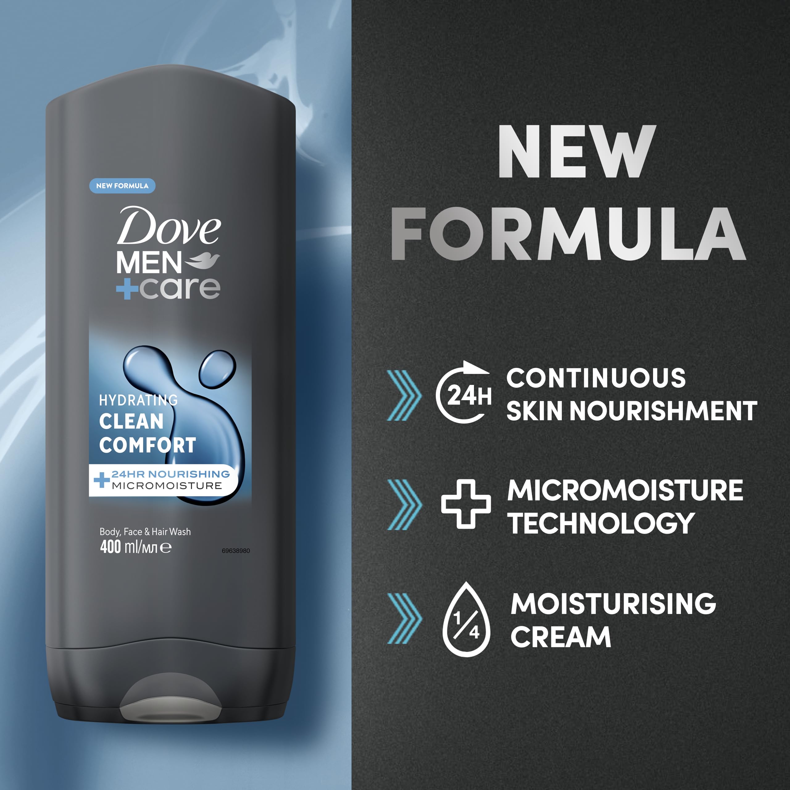 Dove Men+Care Hydrating Clean Comfort Men's 3-in-1 Hair, Face and Body Wash Body Cleanser shower gel with 24 hour nourishing MicroMoisture technology for relaxed and re-energised skin 400 ml