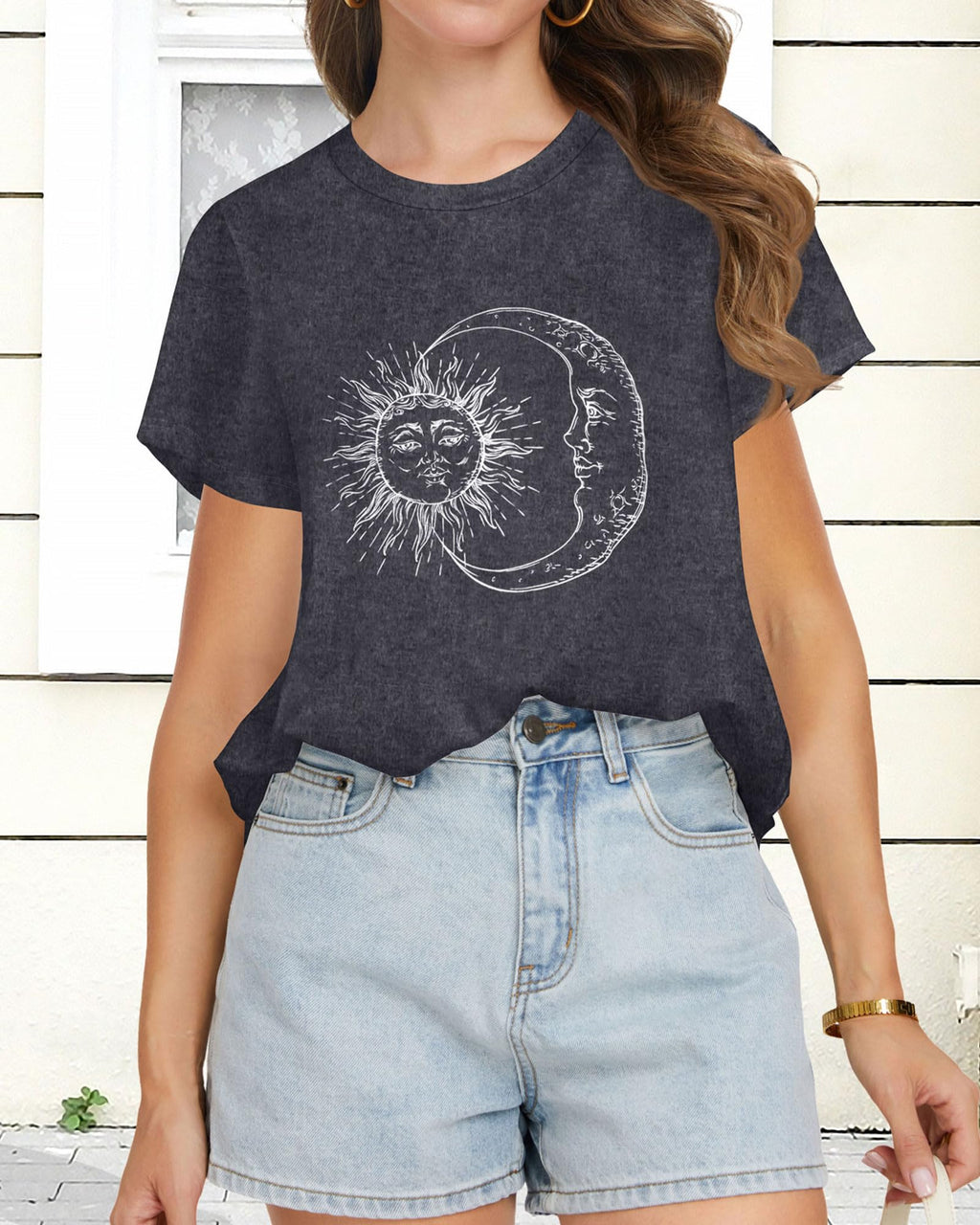 T Shirts for Women Summer Short Sleeve Crewneck Casual Cute Graphic Basic Tees Tops, Deep Grey Moon, L
