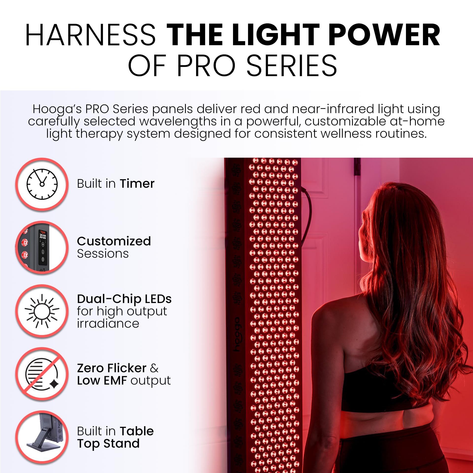 Hooga Red Light Therapy Panel for Face and Body, Red & Near Infrared LED Light with Timer and Stand, 60 High-Efficiency Low-Level LEDs (<5 mW), Flicker-Free Wellness and Recovery Device – PRO300