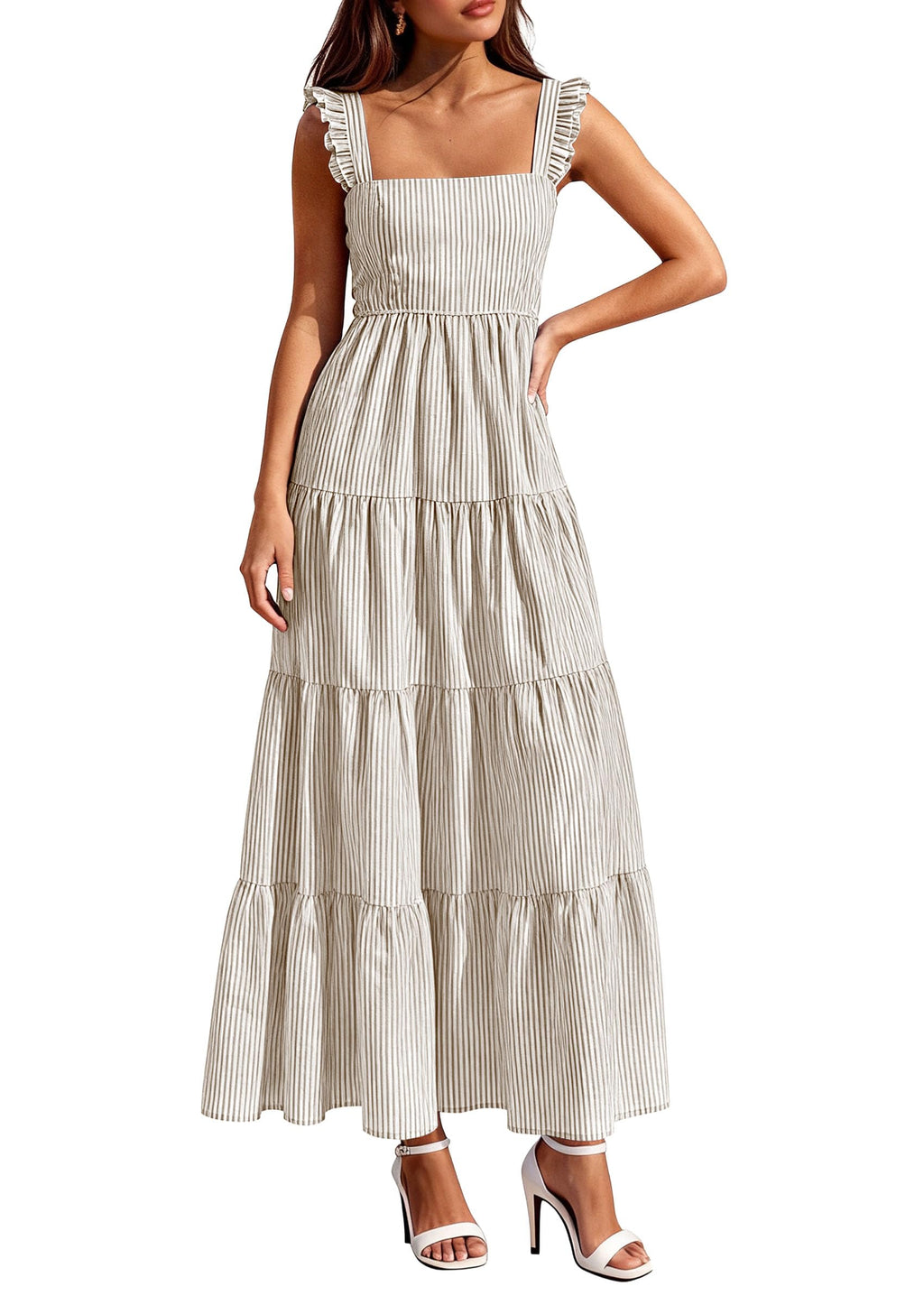 PRETTYGARDEN Womens 2026 Summer Casual Maxi Dresses Striped Square Neck Sleeveless Boho Flowy Sundress Beach Vacation Clothes (Brown,Medium)