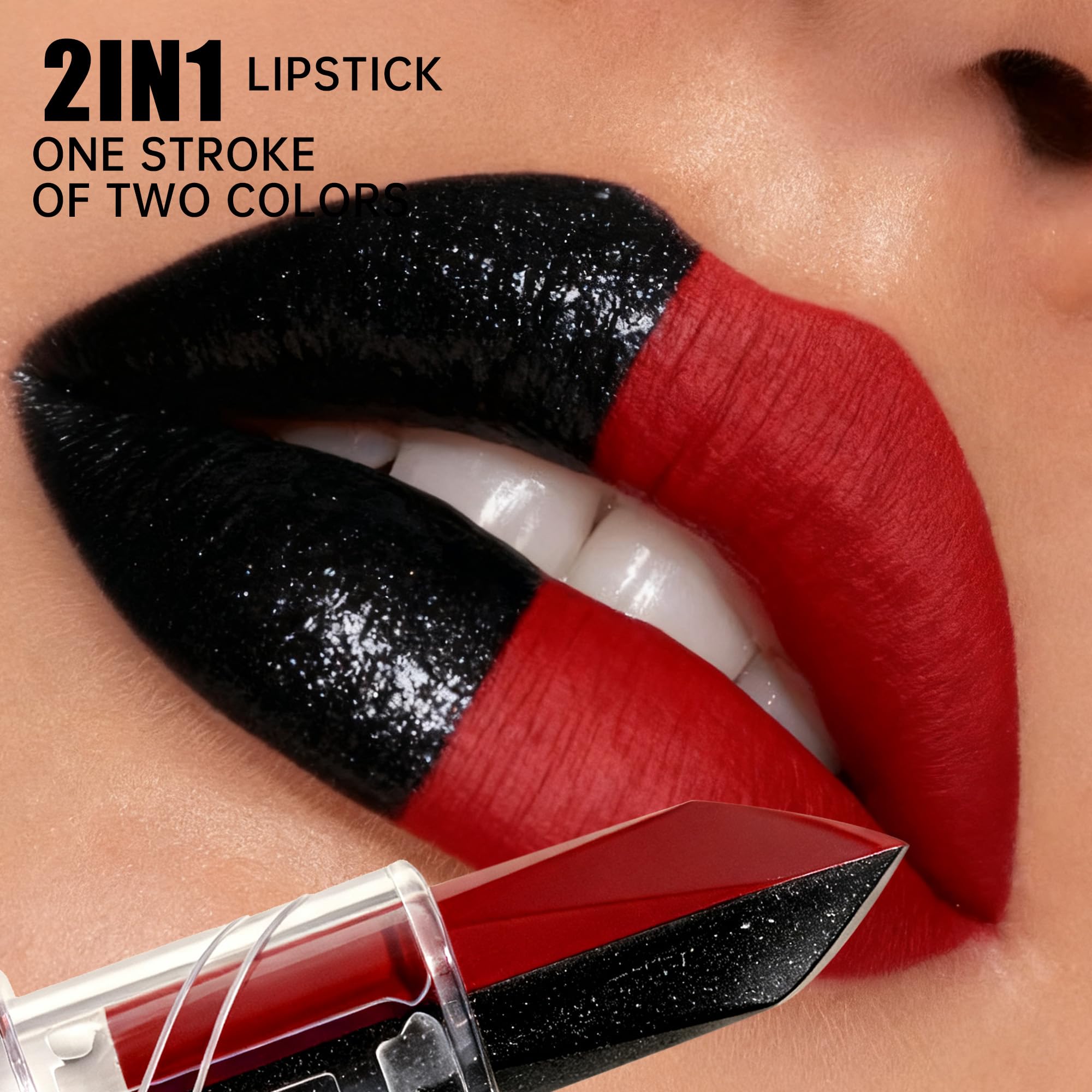 Depuplum 2 in 1 Red Matte Lipstick Glitter Black Lipstick Dual Sided Waterproof Lipsticks for Women One Stroke Two-Tone Long Lasting Lip Stick for Christmas Halloween, DU-G7