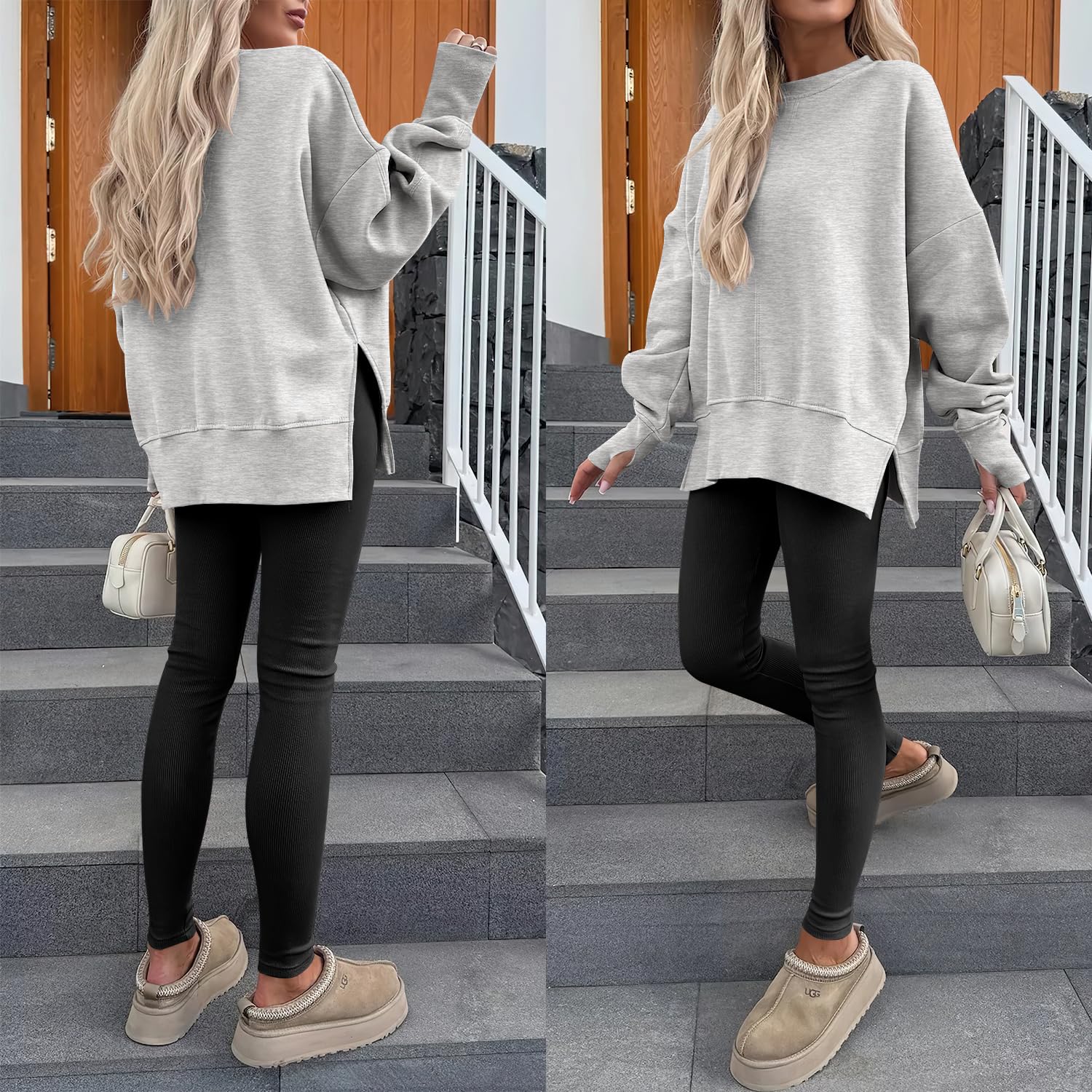 ANRABESS Women Oversized Sweatshirts Thumbhole Long Sleeve Hoodies Shirts 2025 Fall Side Slit Pullover Top Teen Y2k Outfits Grey Small