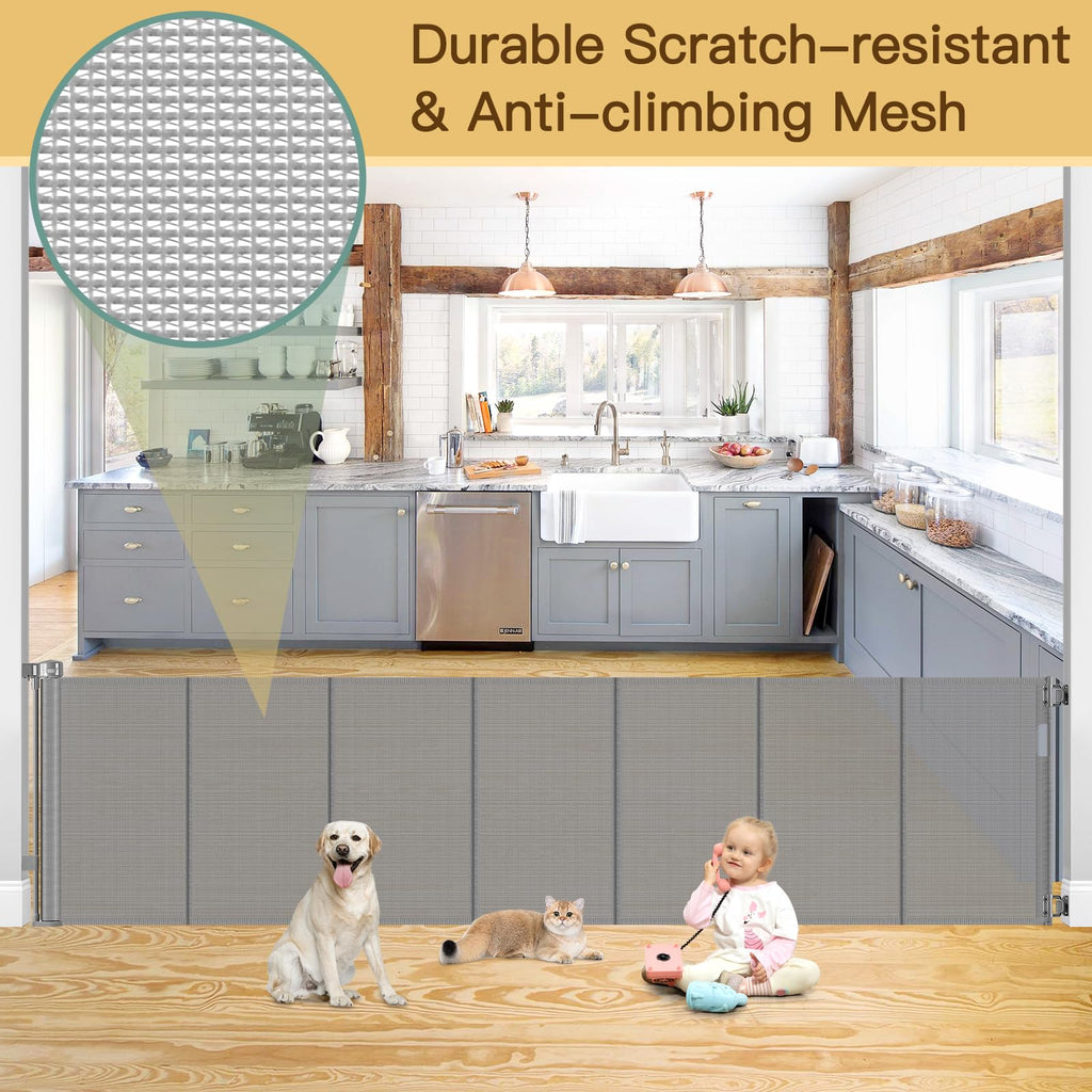 Reinforced 100 Inch Extra Long Baby Gates for Large Openings to Prevent Crawling Under, No Bottom Bar Extra Wide Retractable Baby Gate for Stairs, 8 ft Mesh Child Gate for Parent/Pet Owner Use, Gray