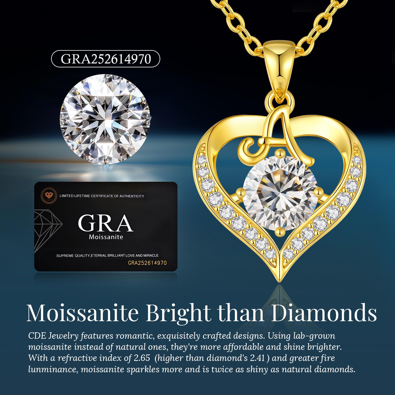 CDE Valentines Day Gift 18K Gold Plated Initial Heart 2 Carat Moissanite Necklace for Women 925 Sterling Silver Jewelry, Christmas Anniversary Birthday Gift for Wife Girlfriend Her (Initial A-2 Carat)