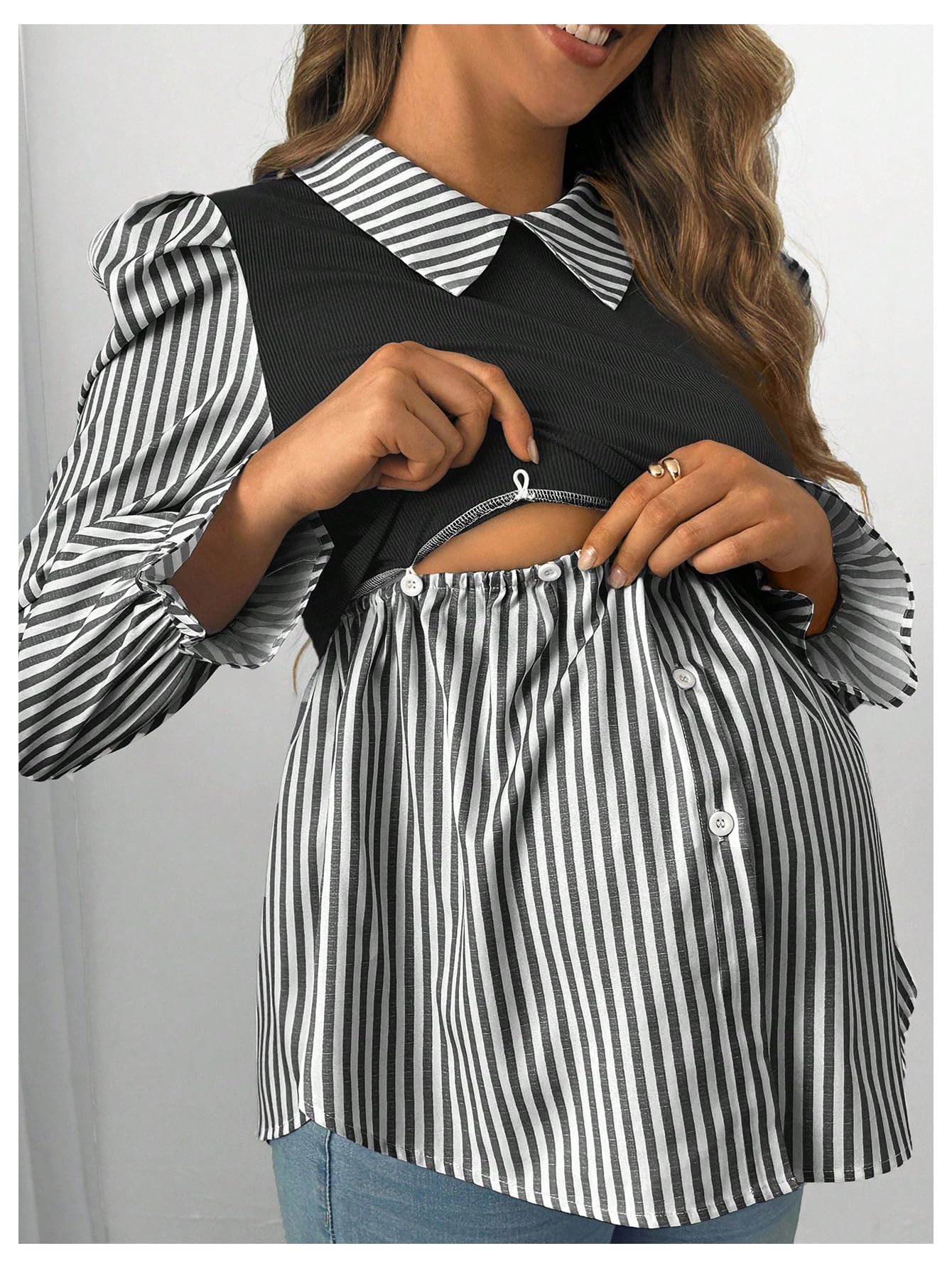 WDIRARA Women's Maternity Striped Button Down Shirts Long Sleeve Collared Blouse 2 in 1 Nursing Top Black Large