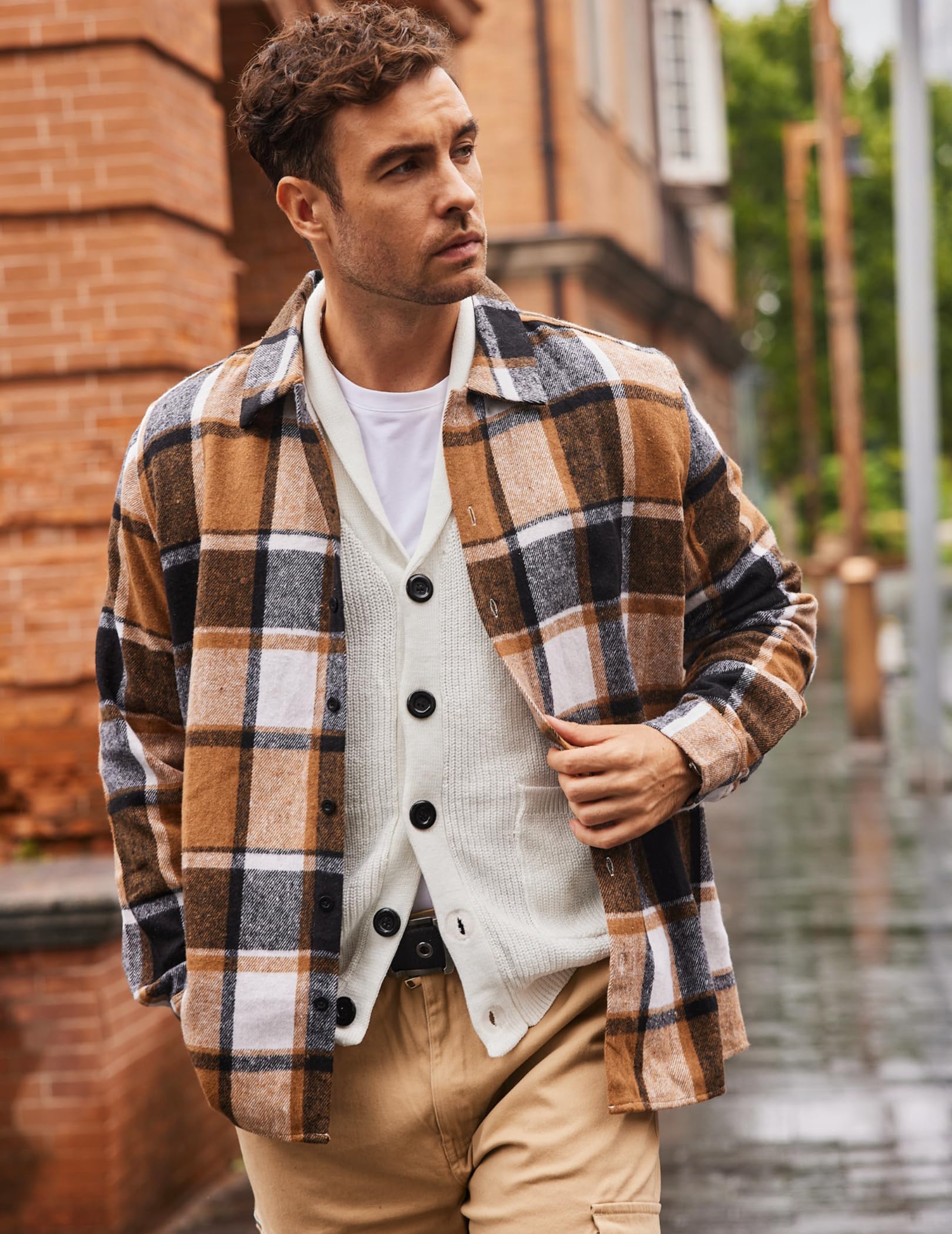 COOFANDY Men's Fleece Lined Button Up Shirt Vintage Orange Flannel Jacket for Men Long Sleeve Classic Plaid Shirts