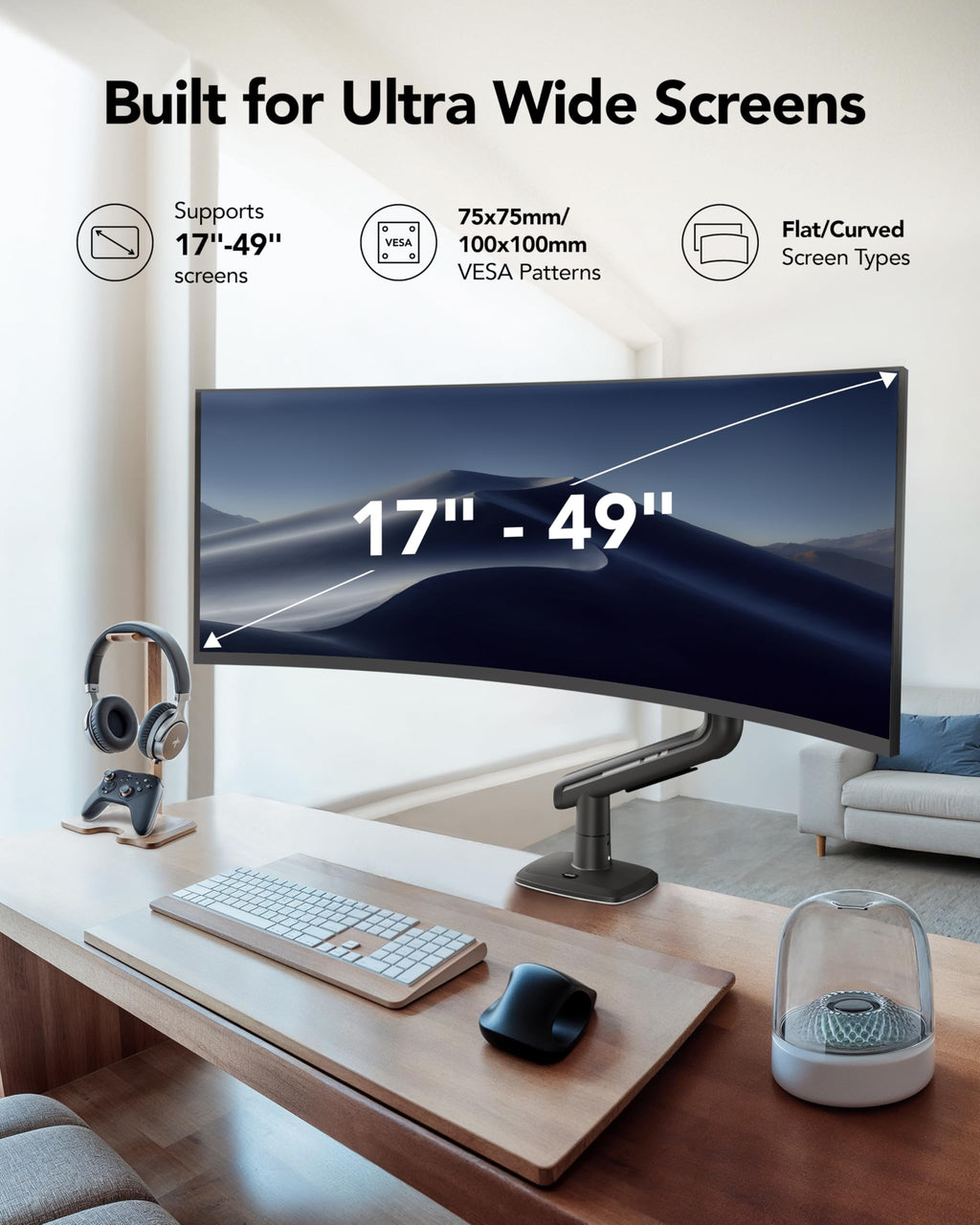 HUANUO TitanLift Heavy Duty Monitor Arm for Screens up to 49", Holds 44 lbs, Aluminum Ultrawide Screen Desk Mount, Fully Adjustable Single Gaming Monitor Mount with Dual C-Clamp, Max VESA 100x100mm