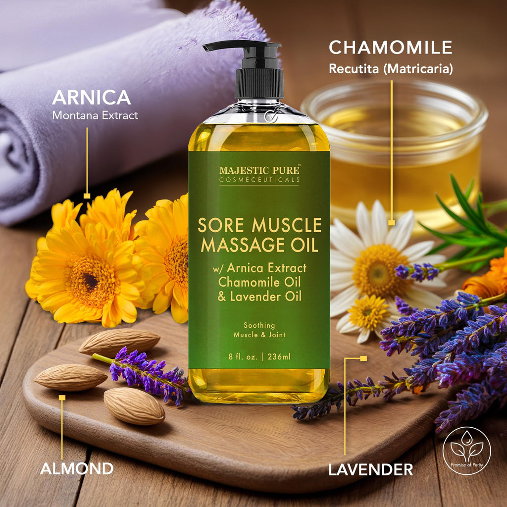 MAJESTIC PURE Arnica Sore Muscle Massage Oil for Massage Therapy - Refreshing and Relaxing - Natural Oils with Lavender & Chamomile Essential Oils - All Skin Types - Men & Women Massage Lotion-8 fl oz