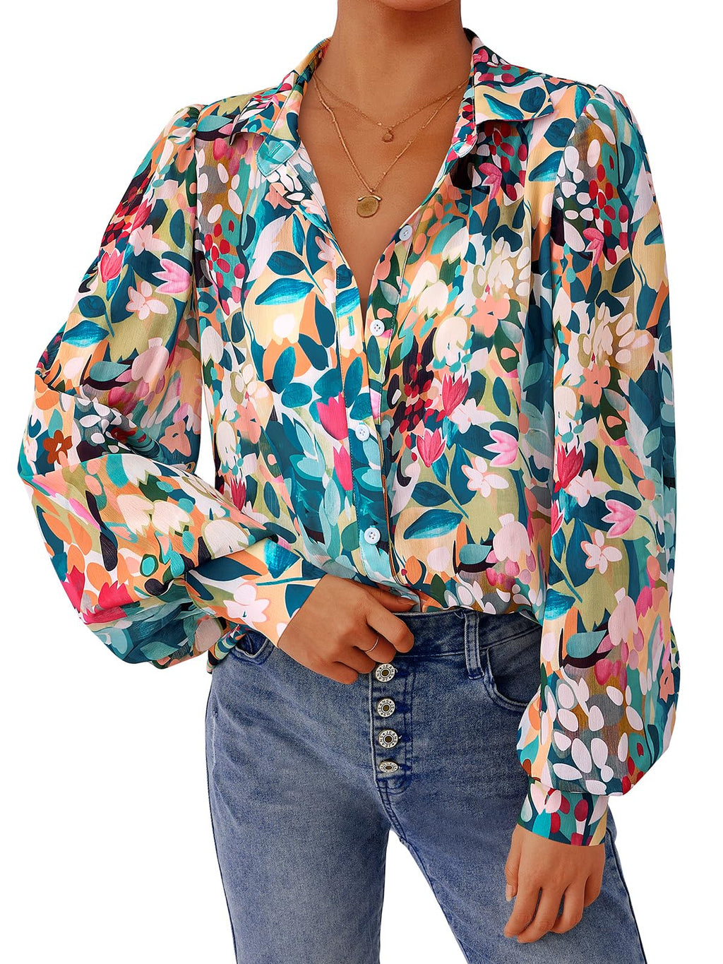 PRETTYGARDEN Women's Floral Blouses Dressy Casual V Neck Button Down Shirts Lantern Long Sleeve Boho Chiffon Spring Tops 2026(Floral Blue Green,M)