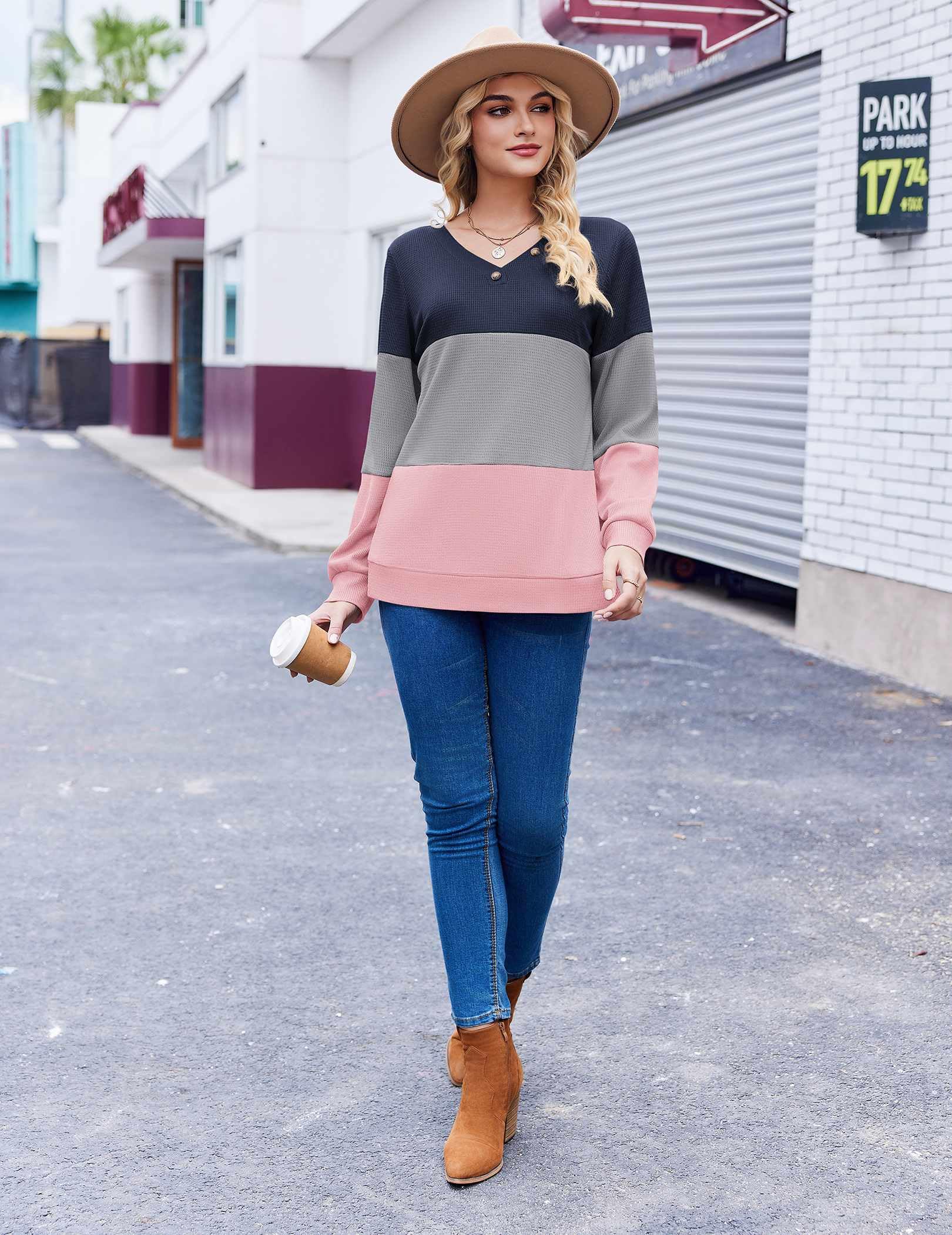 Zeagoo Womens Waffle Knit Shirts Fall 2026 Fashion Long Sleeve Color Block Tunics Button Casual V Neck Knitted Tops Decor Trendy Pullover Blouse