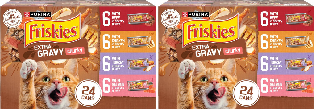 Friskies Purina Extra Gravy Wet Cat Food Chunky Variety Pack (with Chicken,Turkey,Salmon,Beef) - 5.5 oz. Cans,(Pack of 48)